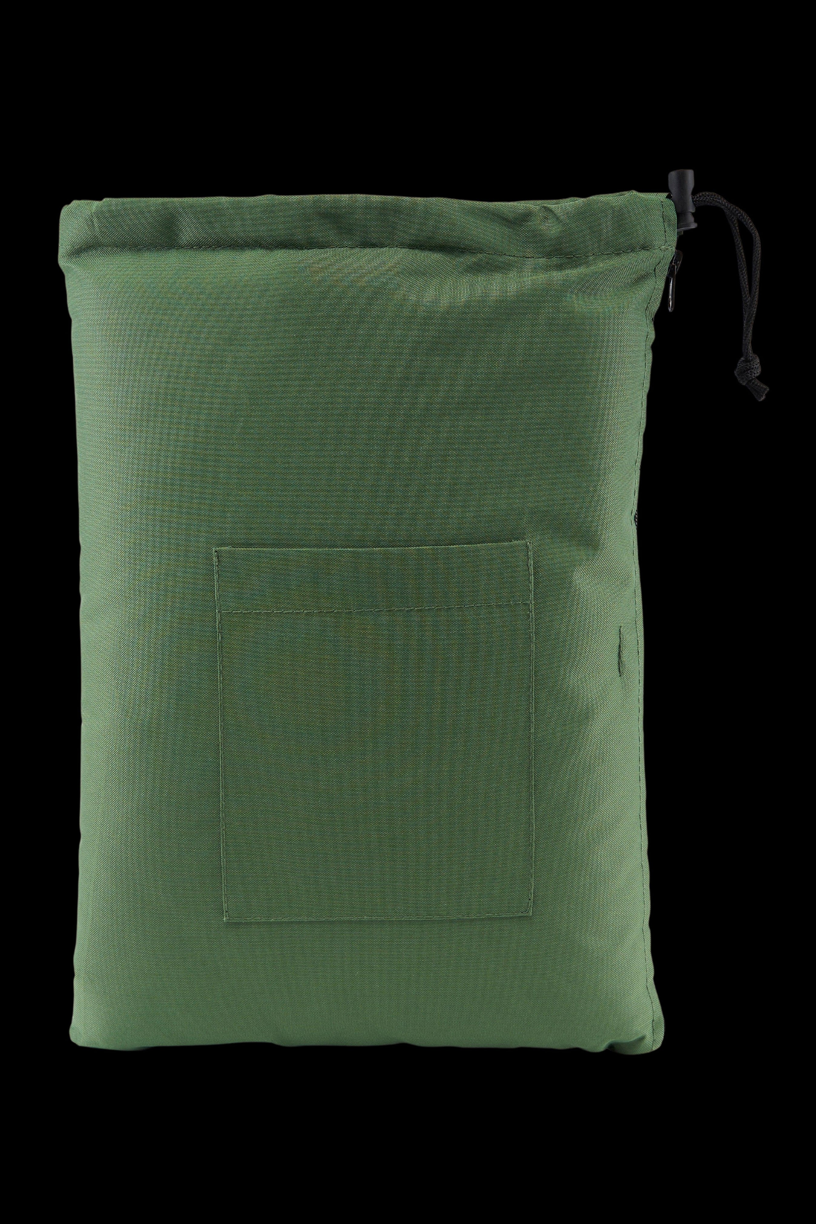 Green smell-proof bag with cinch closure and exterior pocket.