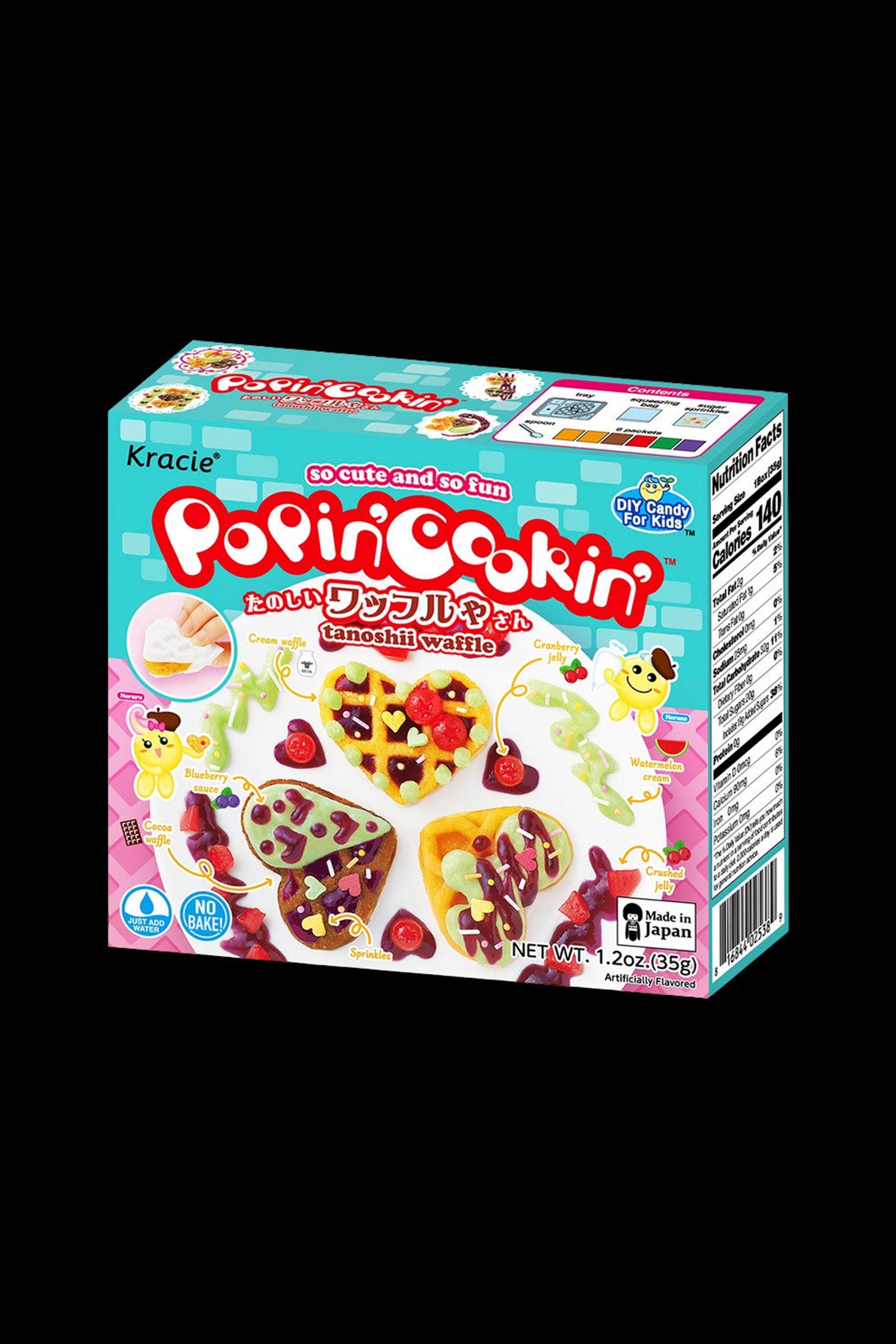 A colorful box of “Popin’ Cookin” Japanese DIY candy kit featuring a tanoshii waffle, likely used as packaging or inspiration for cannabis accessories.