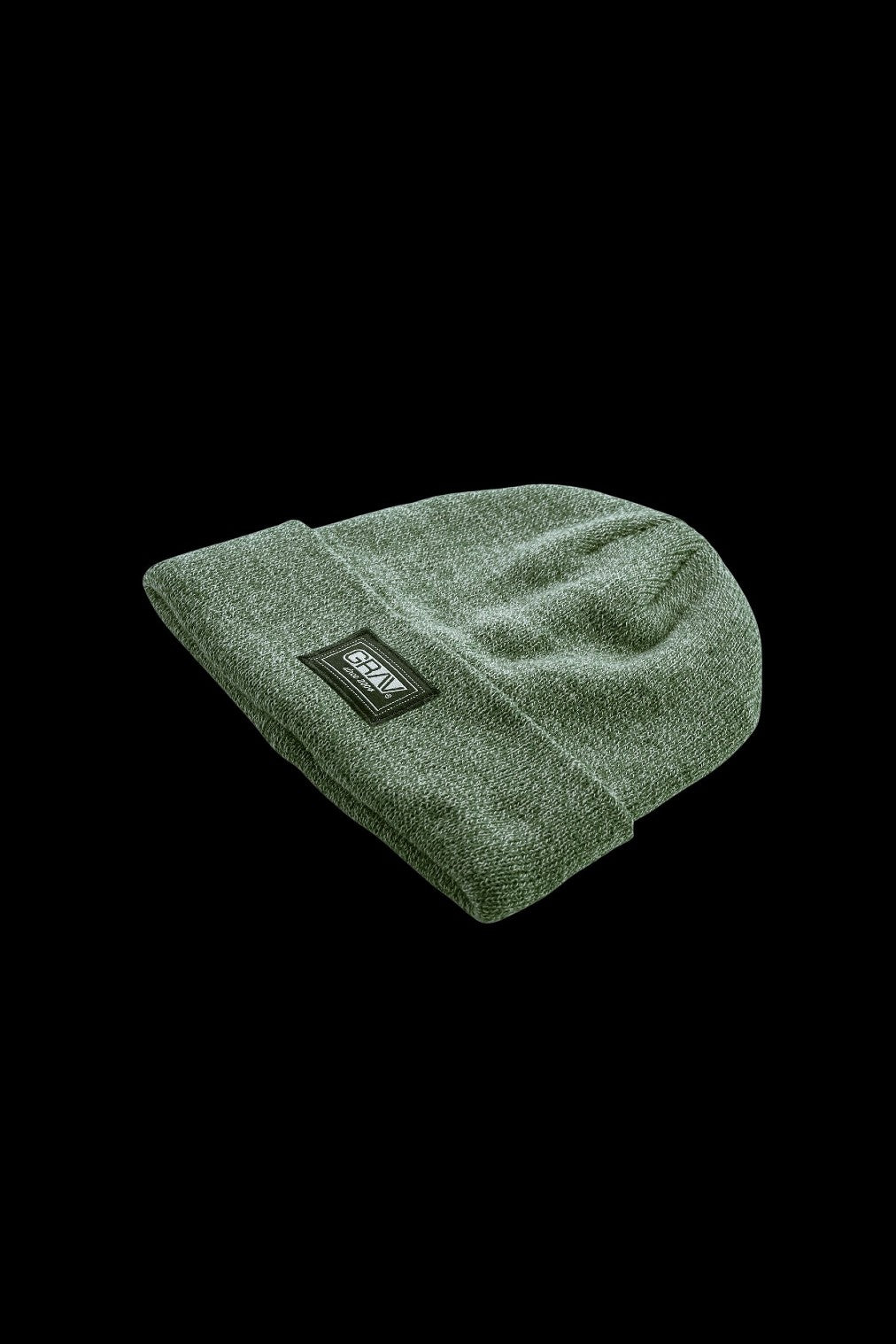 Olive green knitted beanie with a black “GRAV” label.