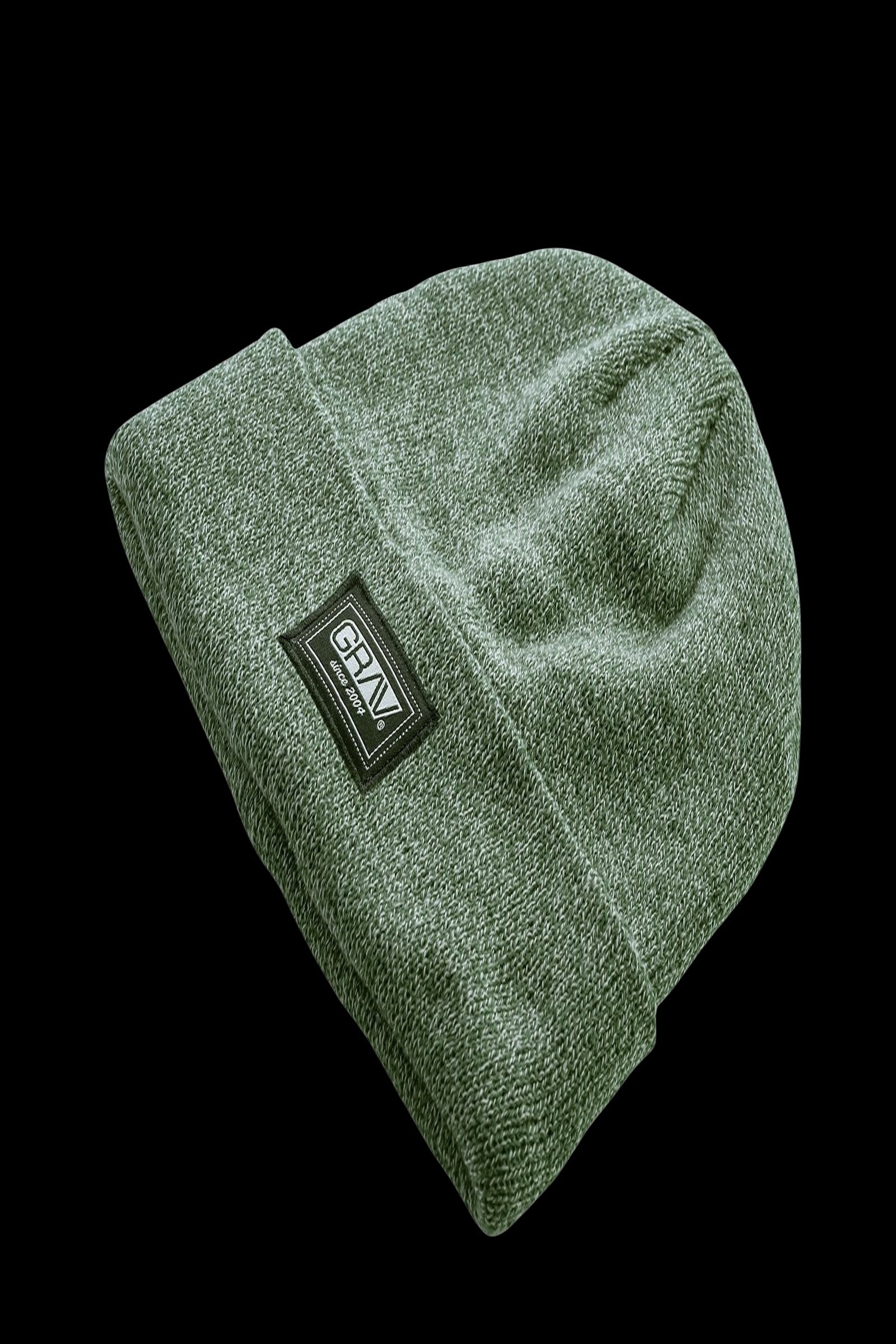 Green GRAV beanie hat with logo patch.