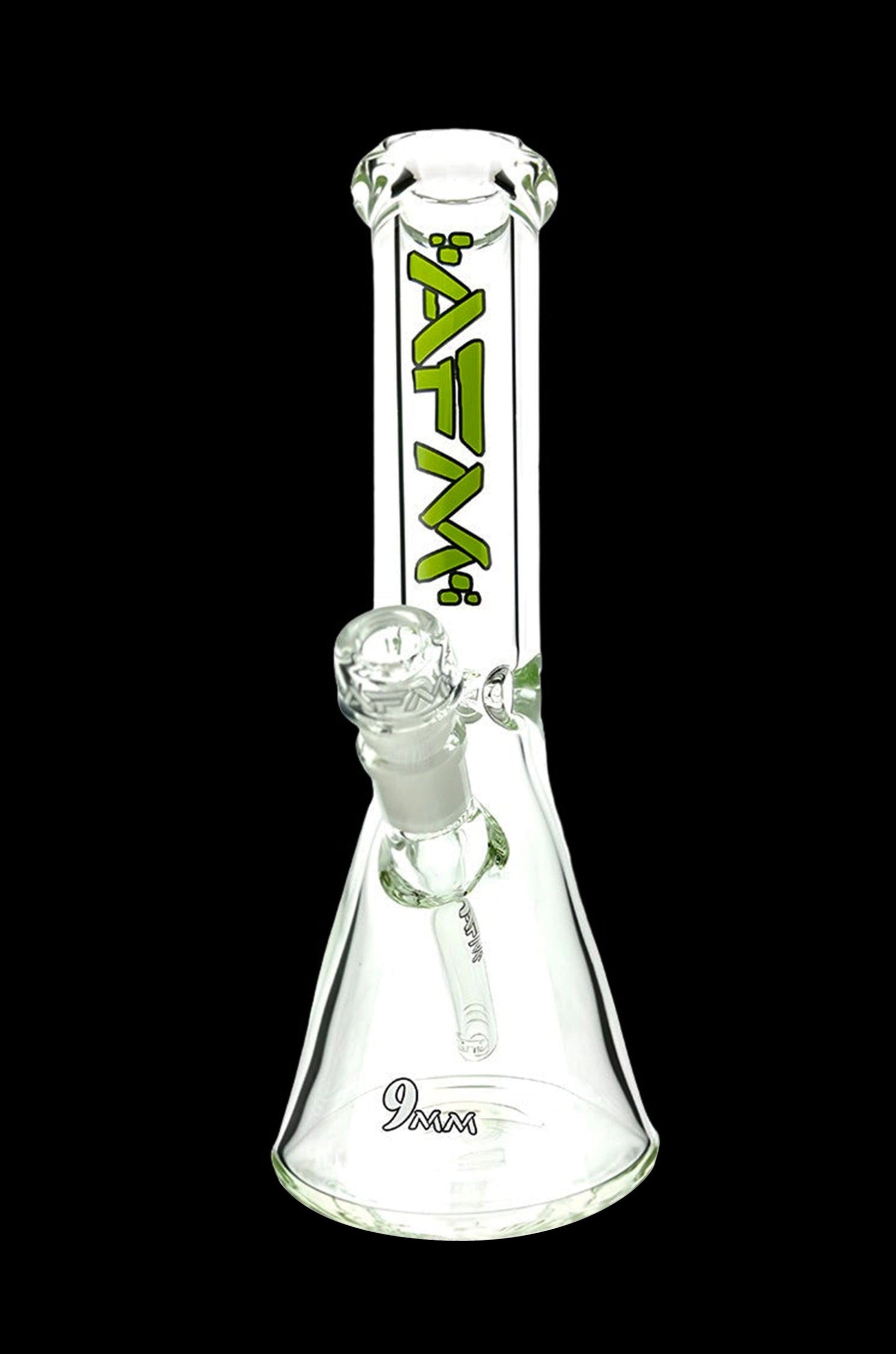 Clear glass bong with green lettering and a flared base.