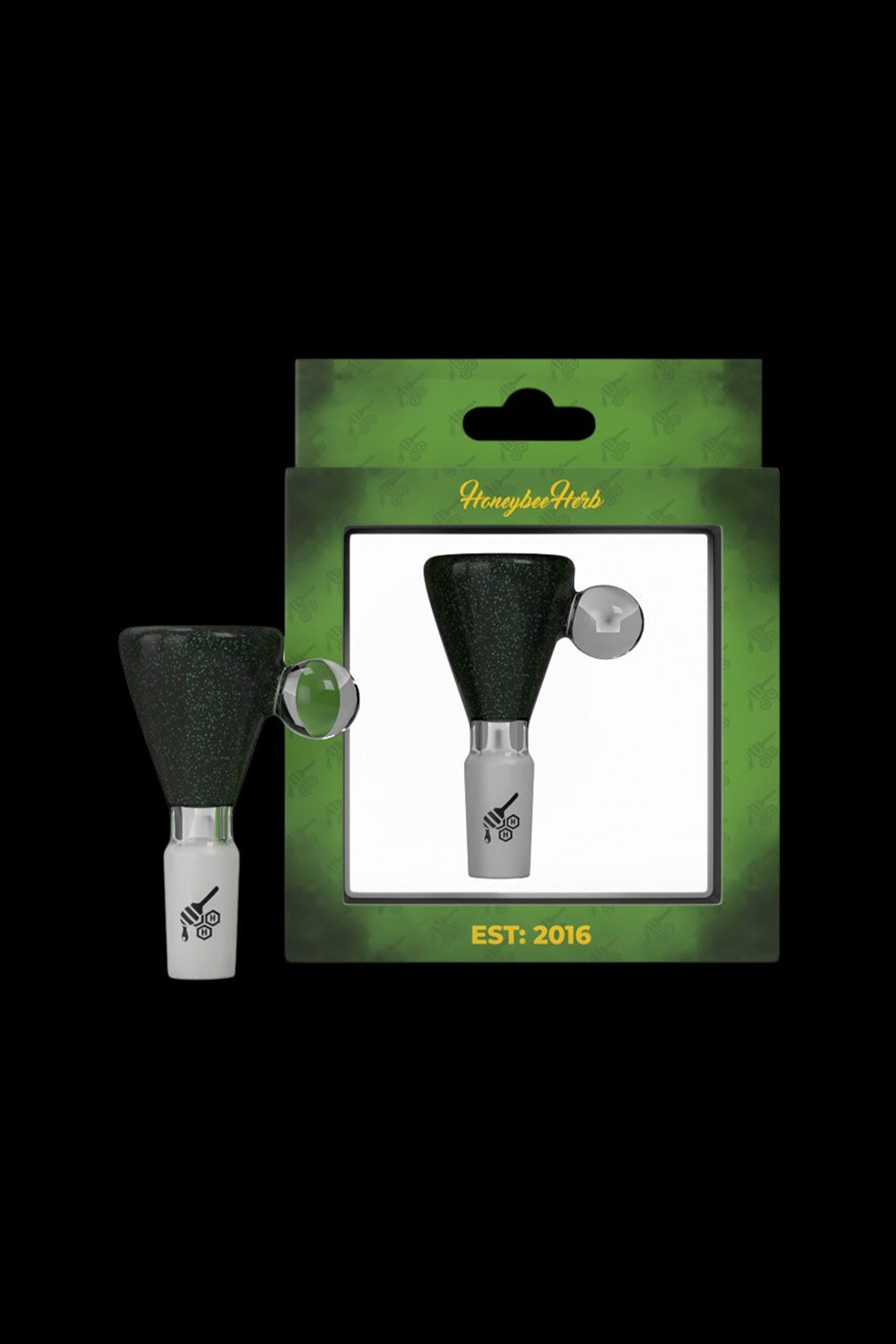 Packaged cannabis grinder with a black glitter finish and white base, branded "Honeybee Herb" with "EST. 2016" displayed on green packaging.