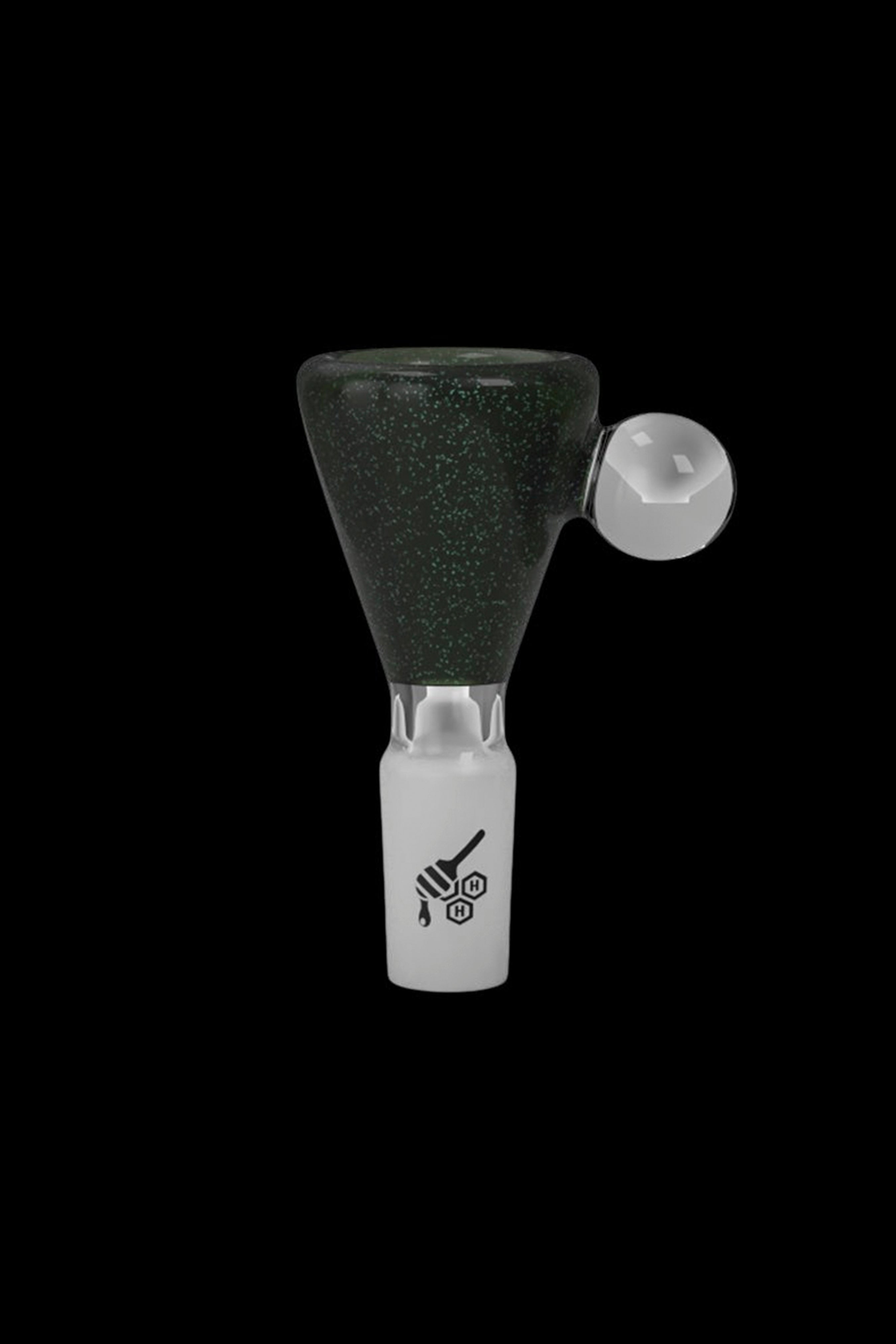 Glass smoking bowl with speckled dark green finish and white accents.