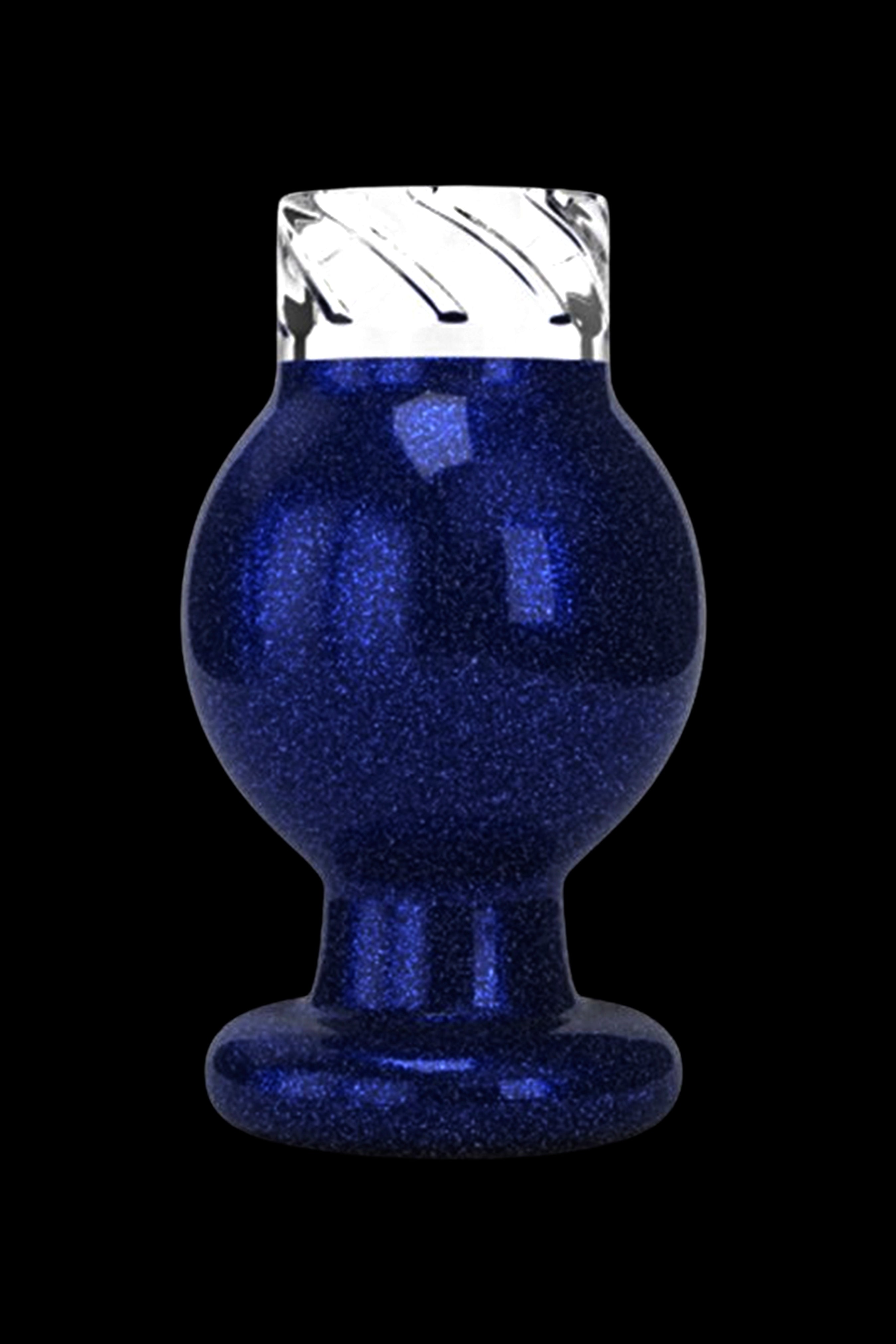 Sparkling blue glass dab rig against a black background.