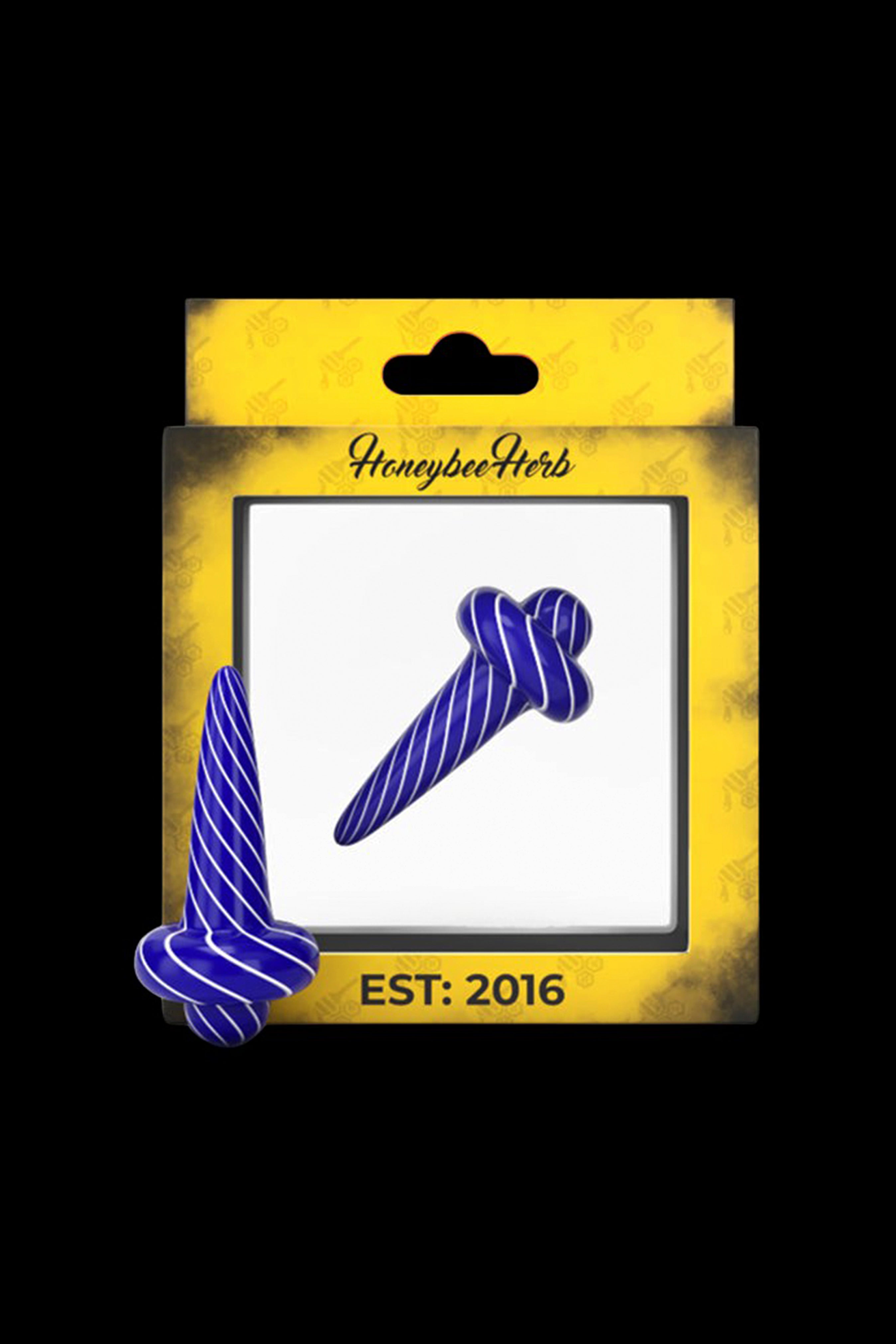 Purple glass cannabis smoking piece packaged on a gold card with “HoneybeeHerbs” and “EST: 2016”.