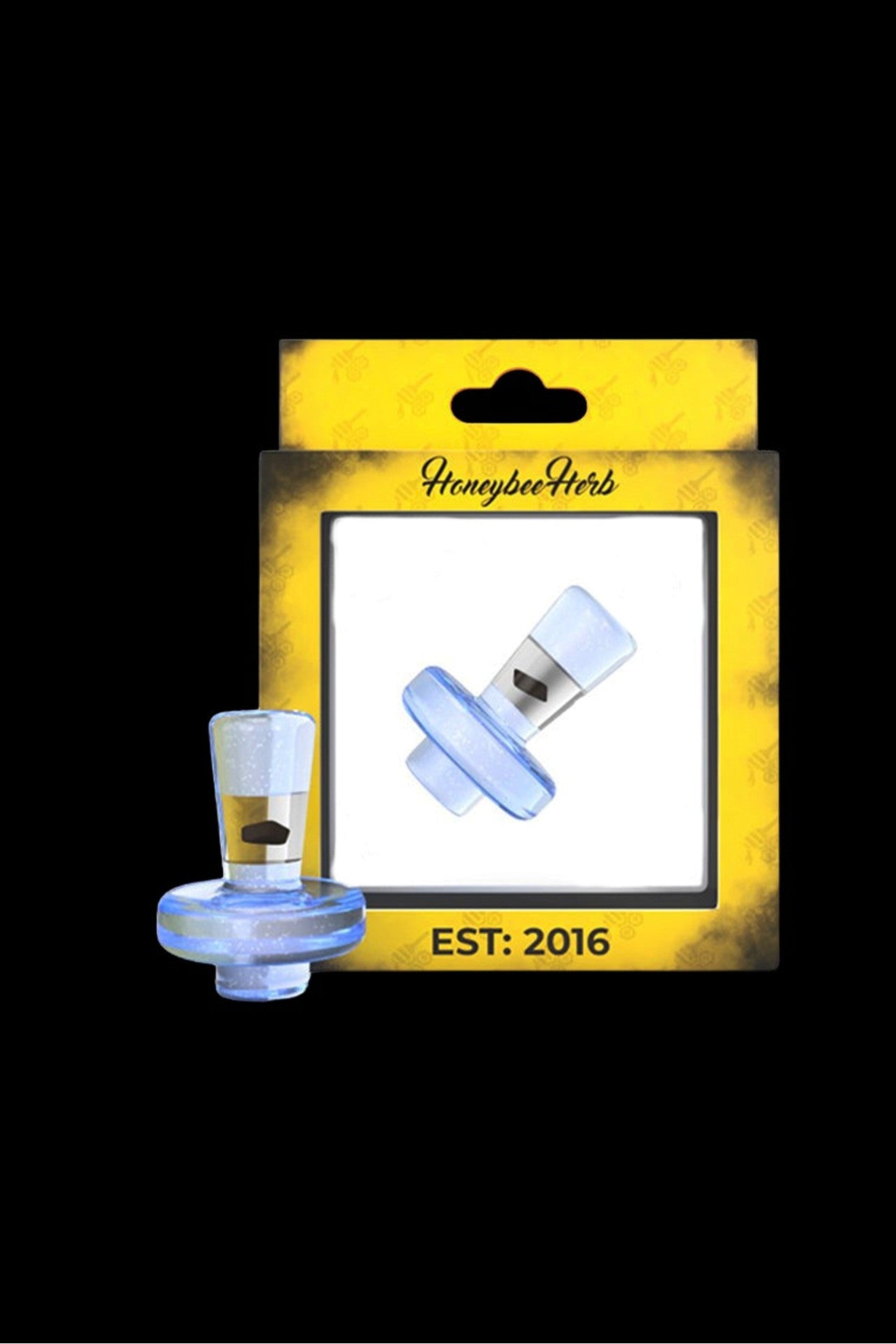 Product packaging for Honeybee Herb cannabis oil burner, featuring a clear glass and metal burner attachment against a textured yellow background with "EST. 2016" at the bottom.