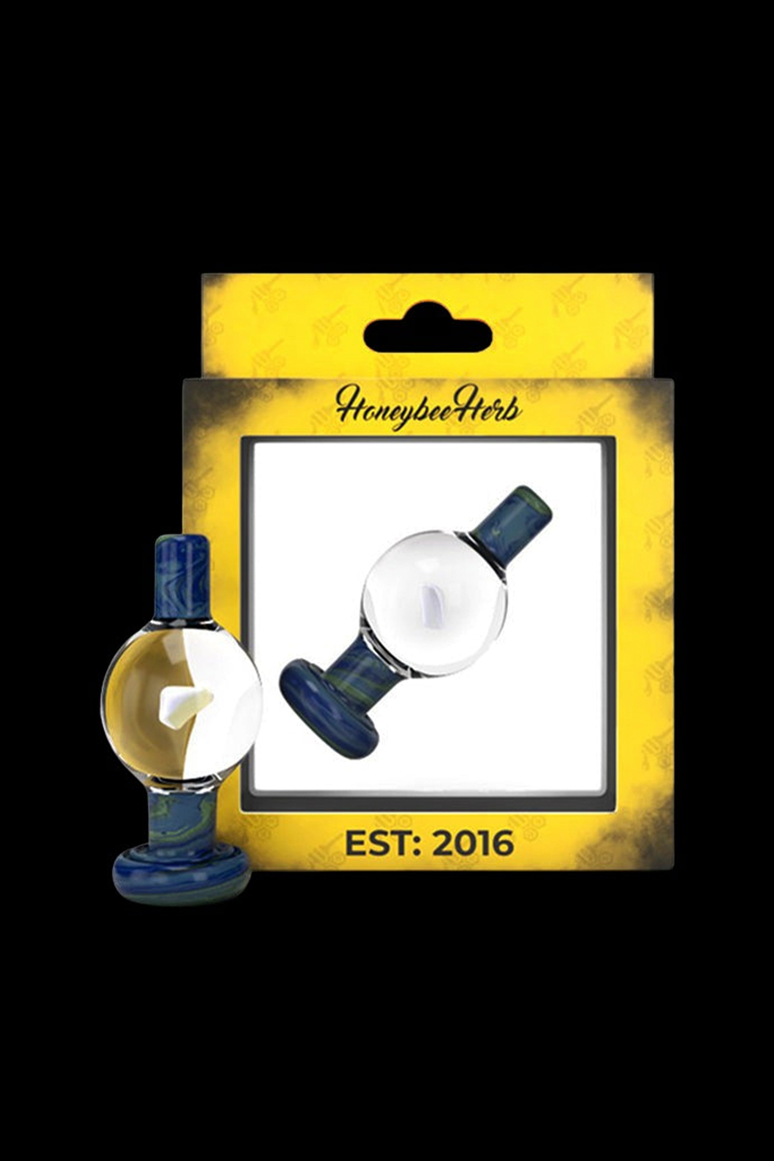 Glass oil dome and carb cap set in packaging, branded "HoneybeeHerb" and "EST: 2016."