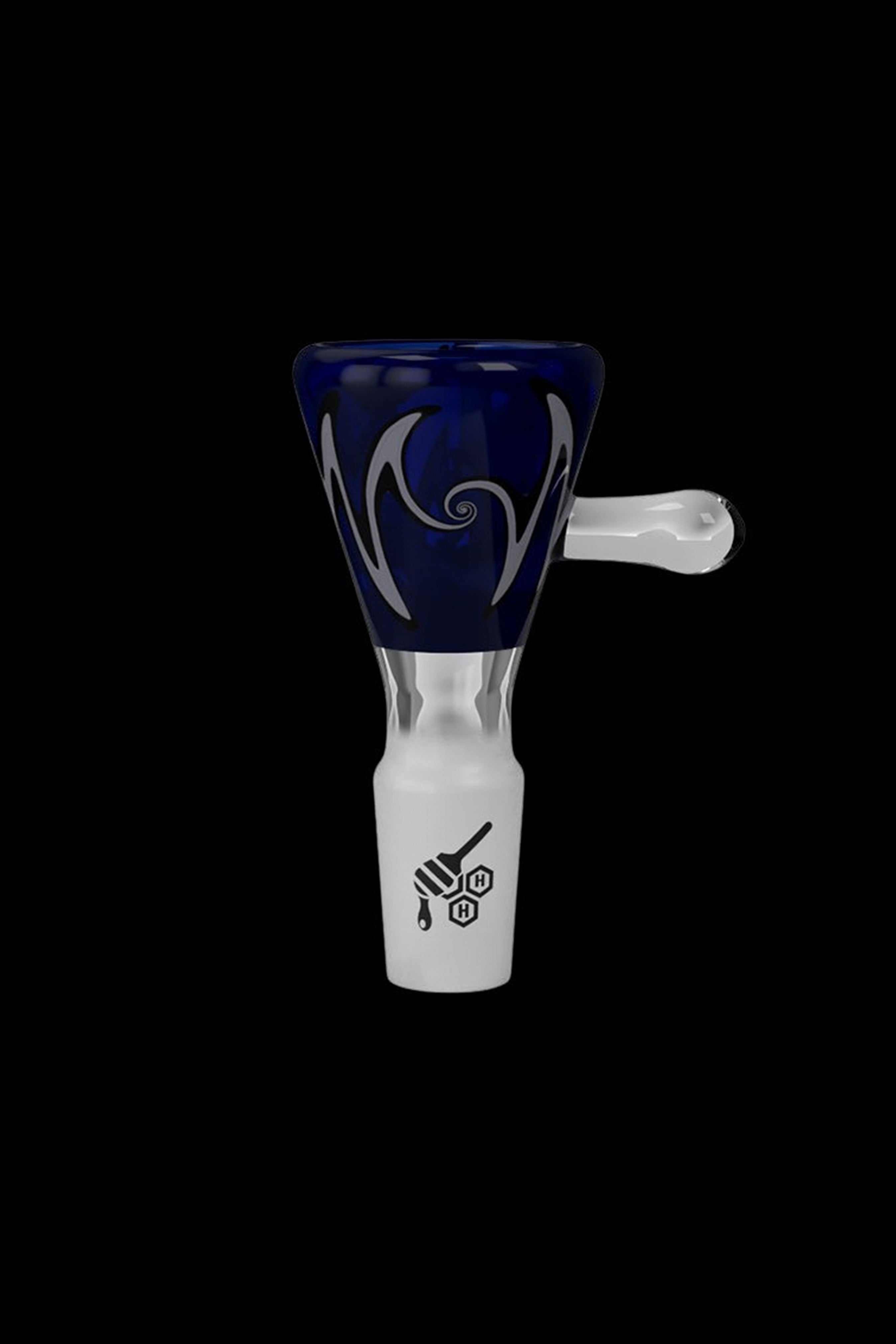 Blue and white glass cannabis bowl with swirling design and logo.