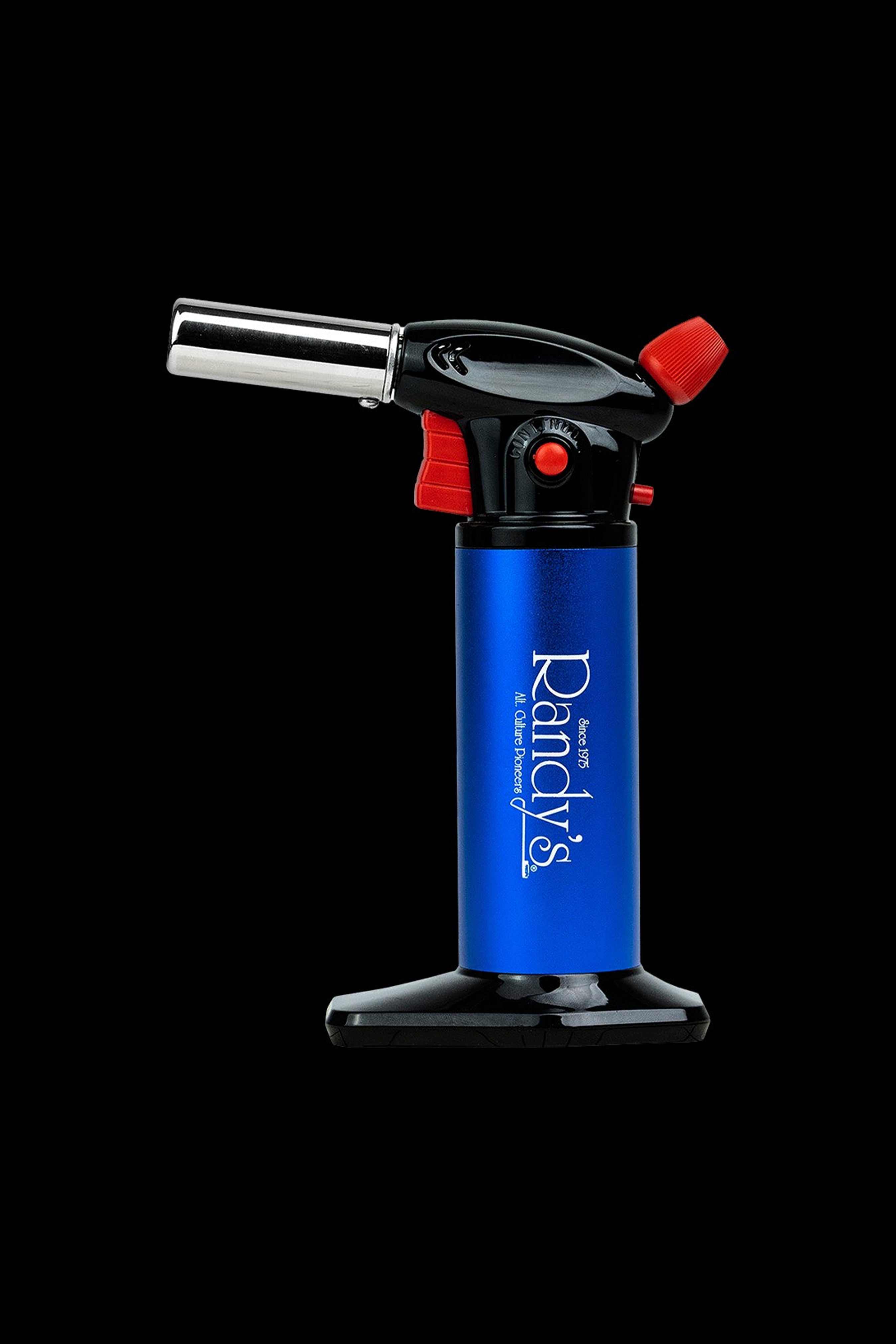 Blue butane torch with “Randy’s” branding, used for dabbing cannabis concentrates.