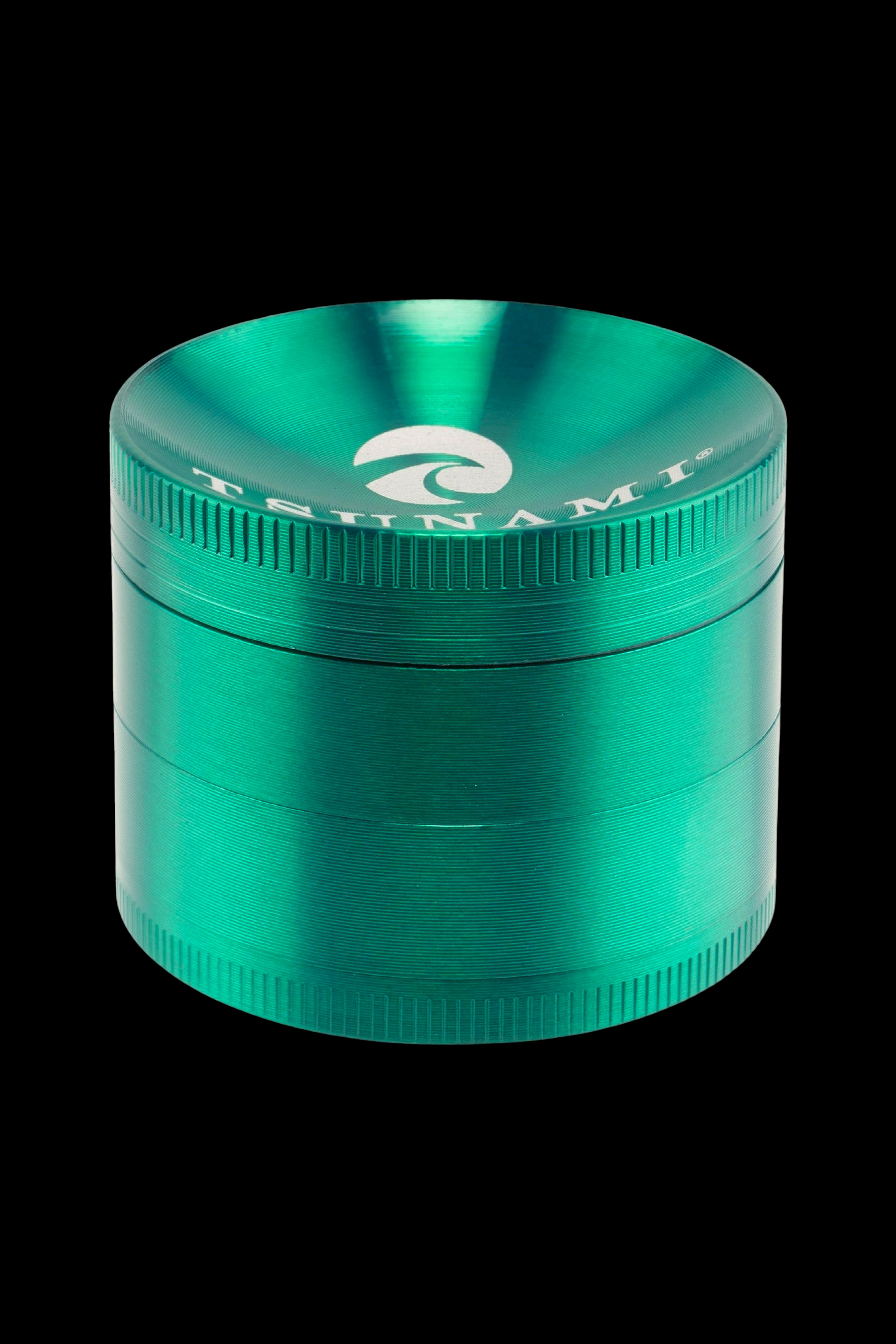 Teal metal cannabis grinder with a wave-like logo.