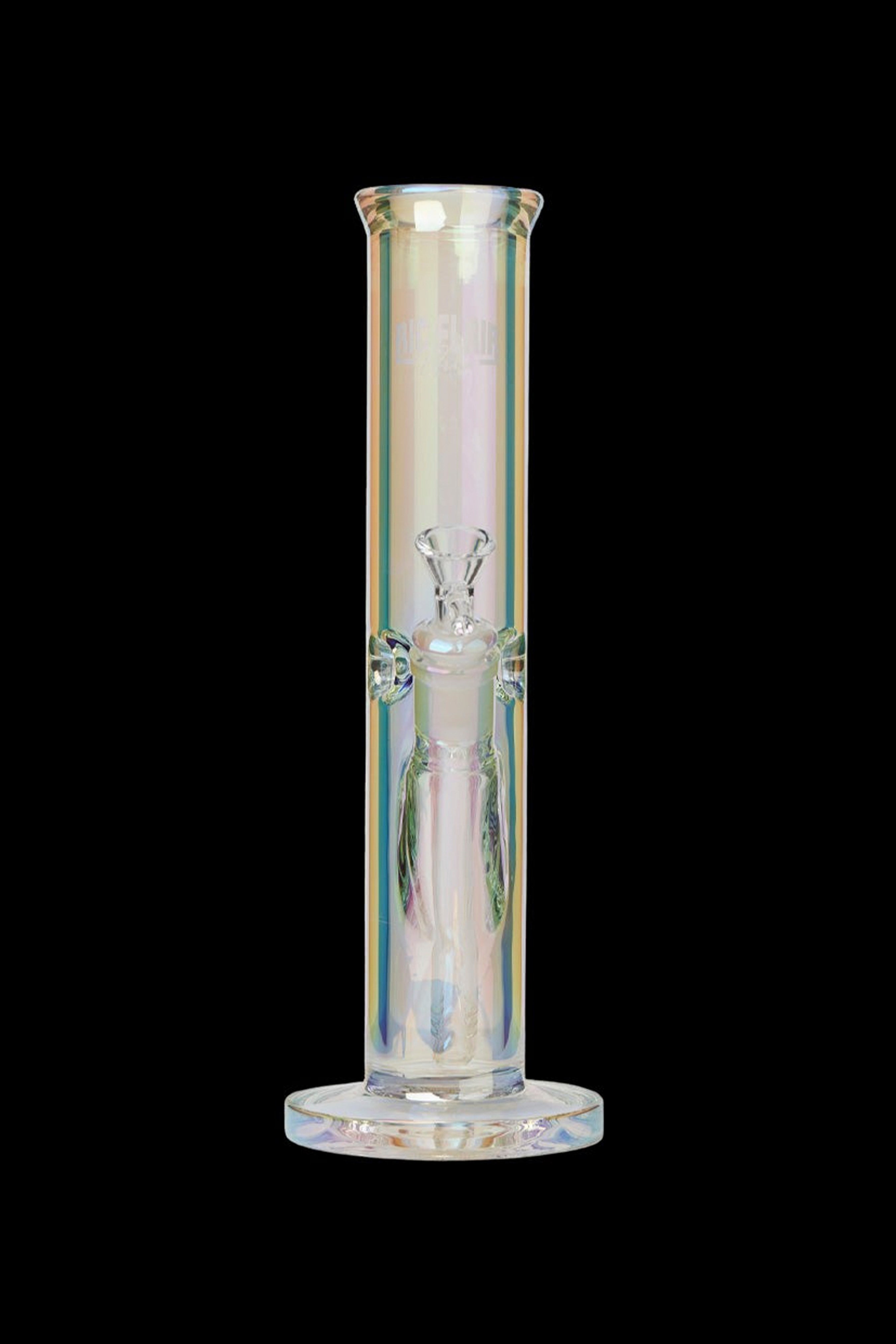 Iridescent glass water pipe (bong) against a black background.