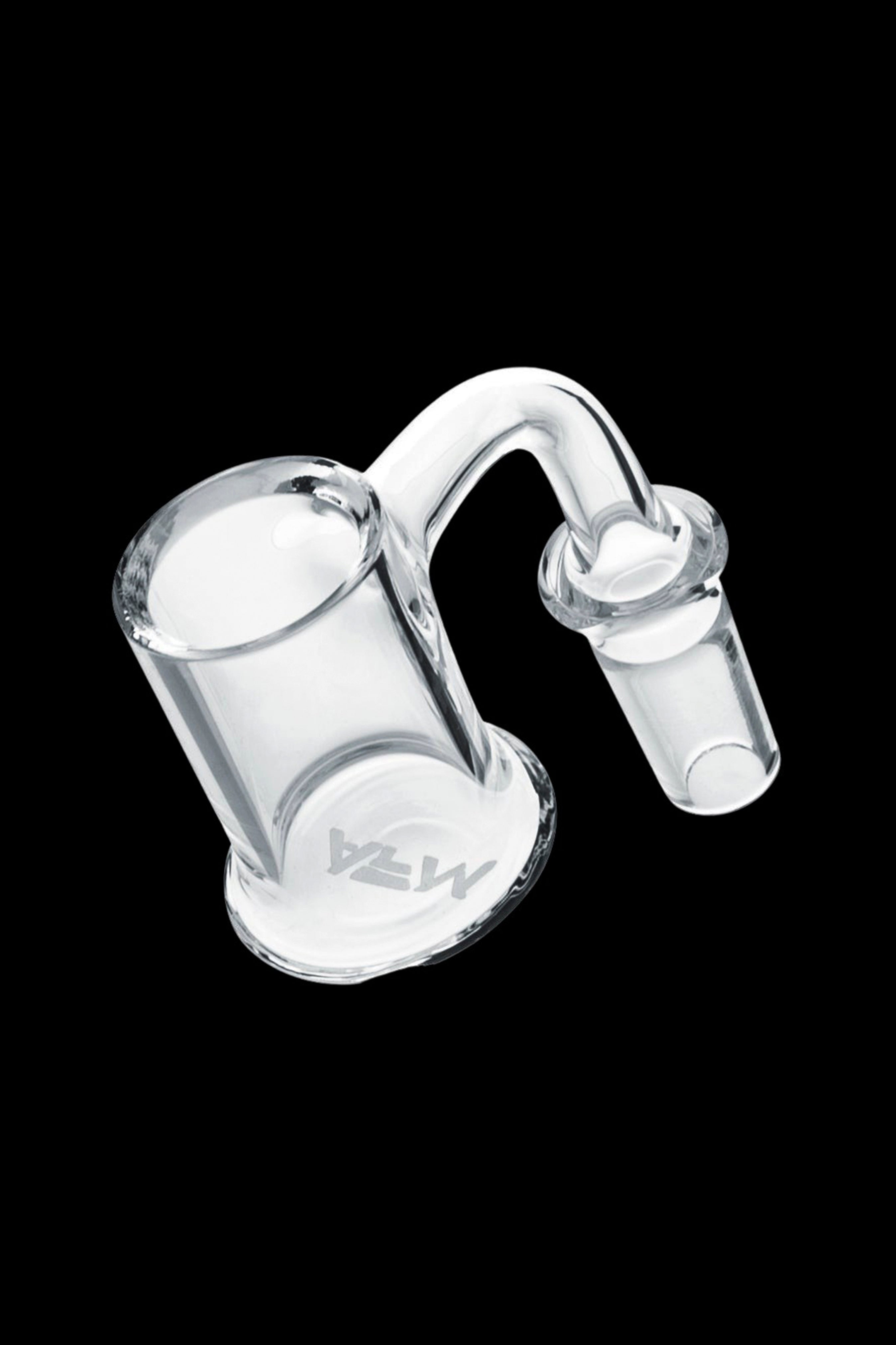 Clear quartz dab rig nail with a branded logo.