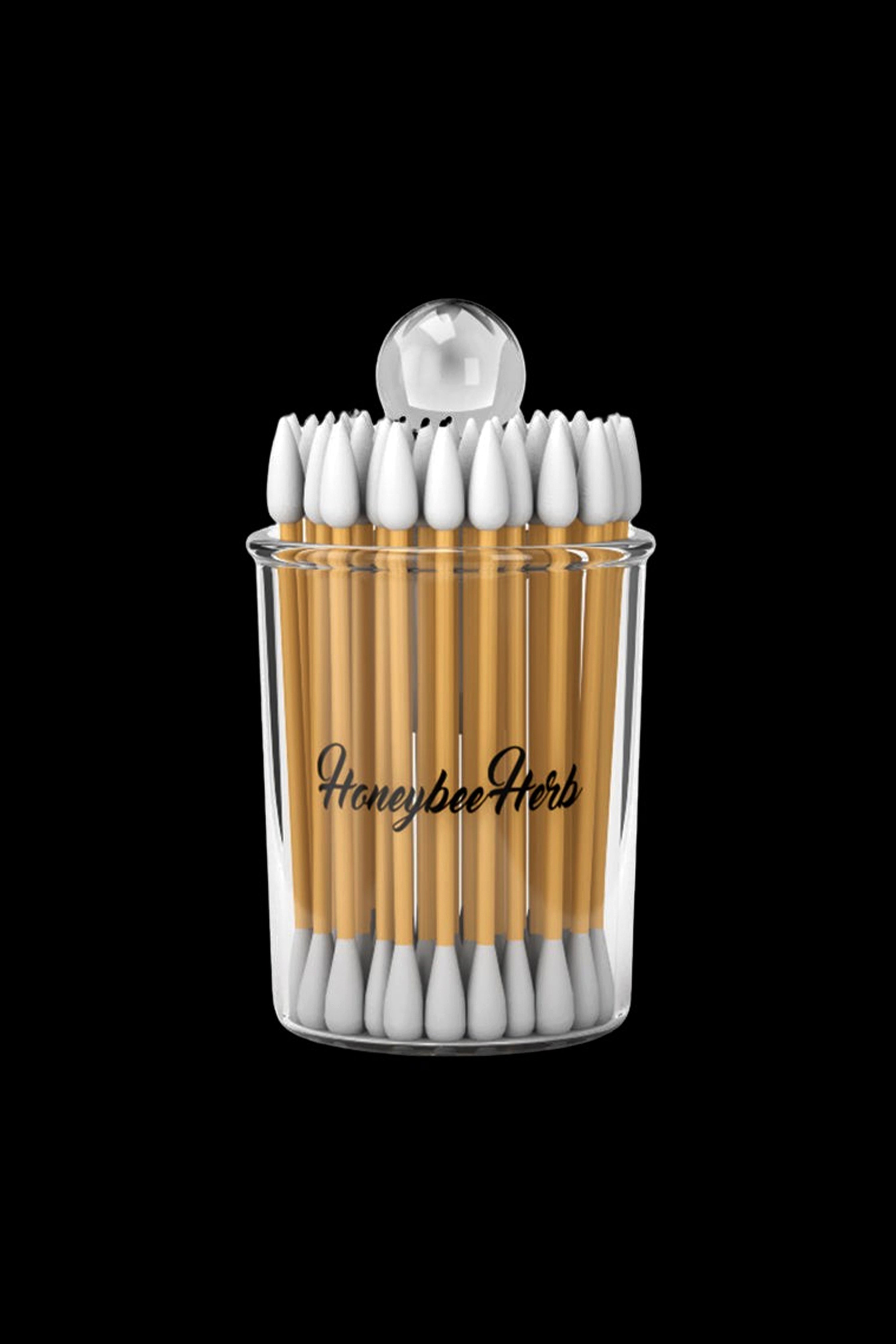Clear jar filled with cotton swabs, branded with “HoneybeeHerb” in cursive script.