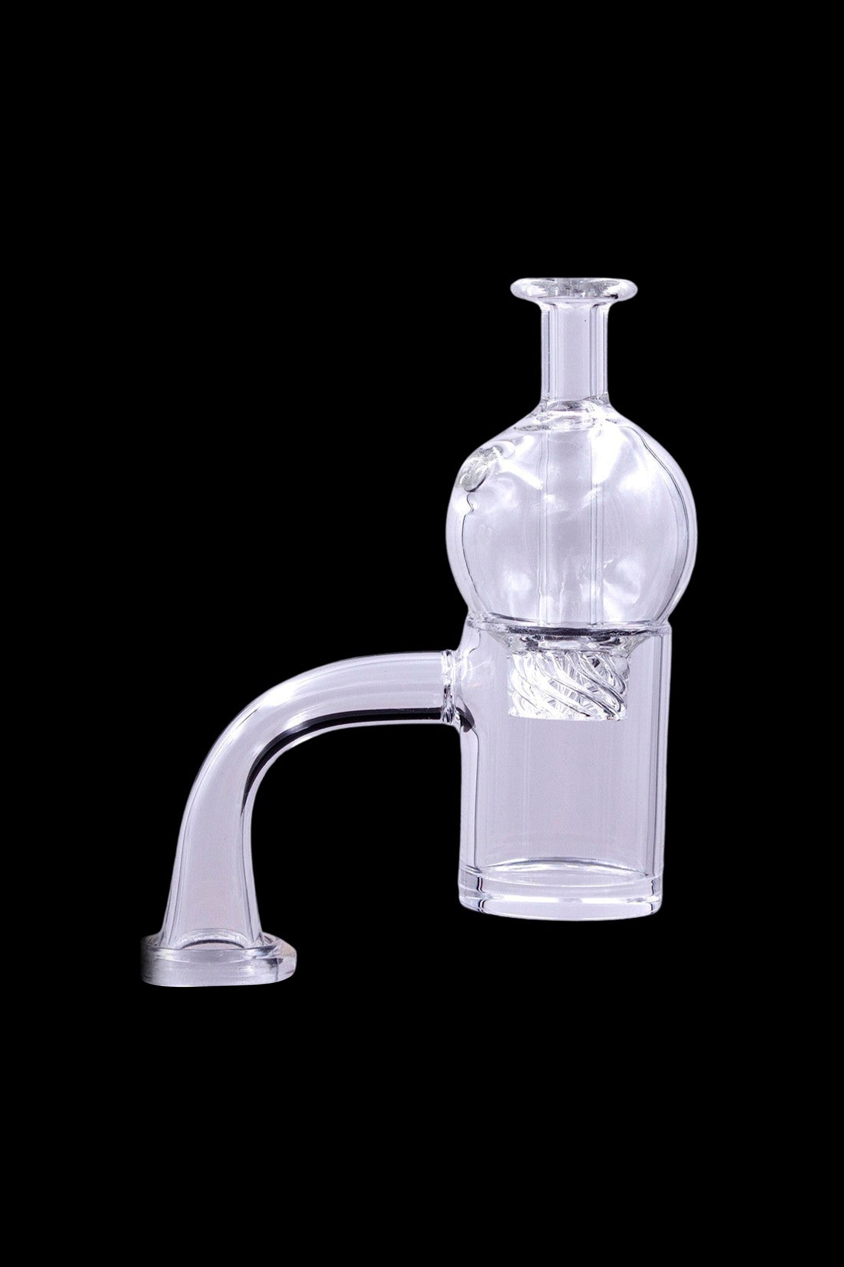 Clear glass dab rig with intricate swirling design.