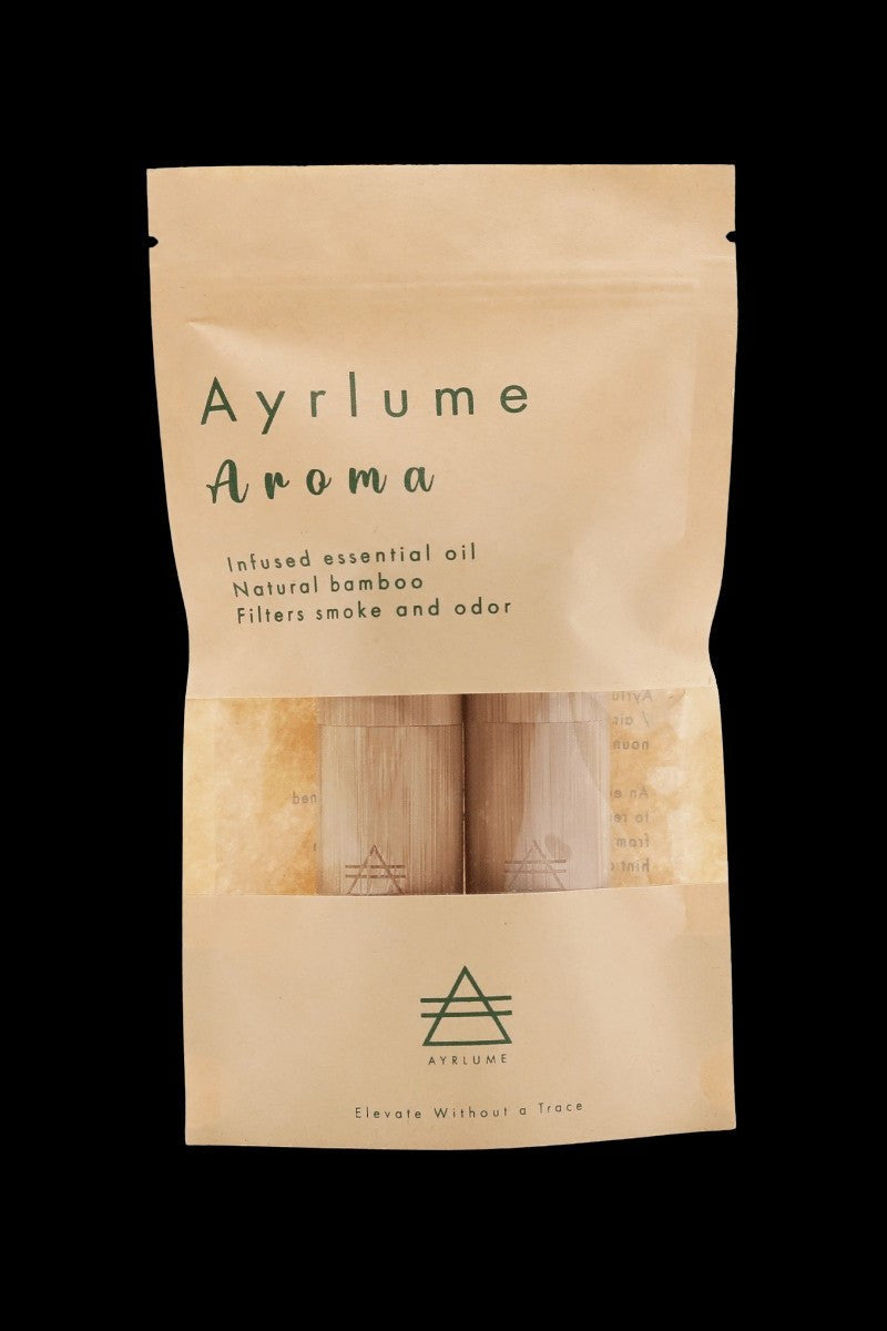 Beige packaging for Ayrume Aroma filters, featuring a bamboo pattern and text indicating they filter smoke and odor.