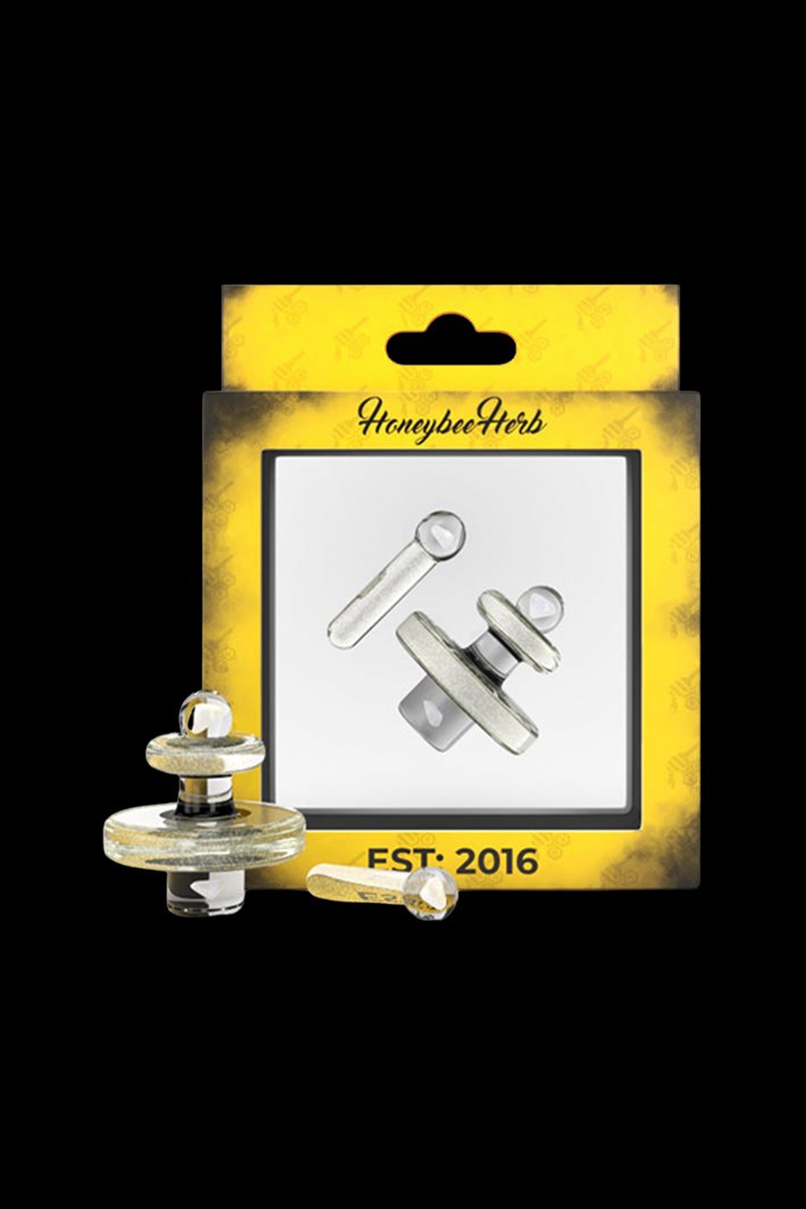 Packaged cannabis oil burner with tools, branded "Honeybee Herb" and established in 2016.