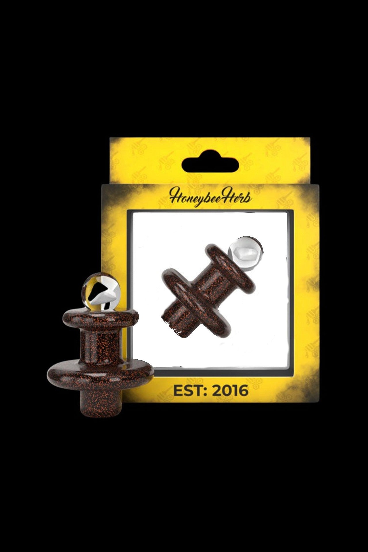 A packaged, dark speckled glass cannabis oil burner with a spherical accent, branded “HoneybeeHerbs EST: 2016.”