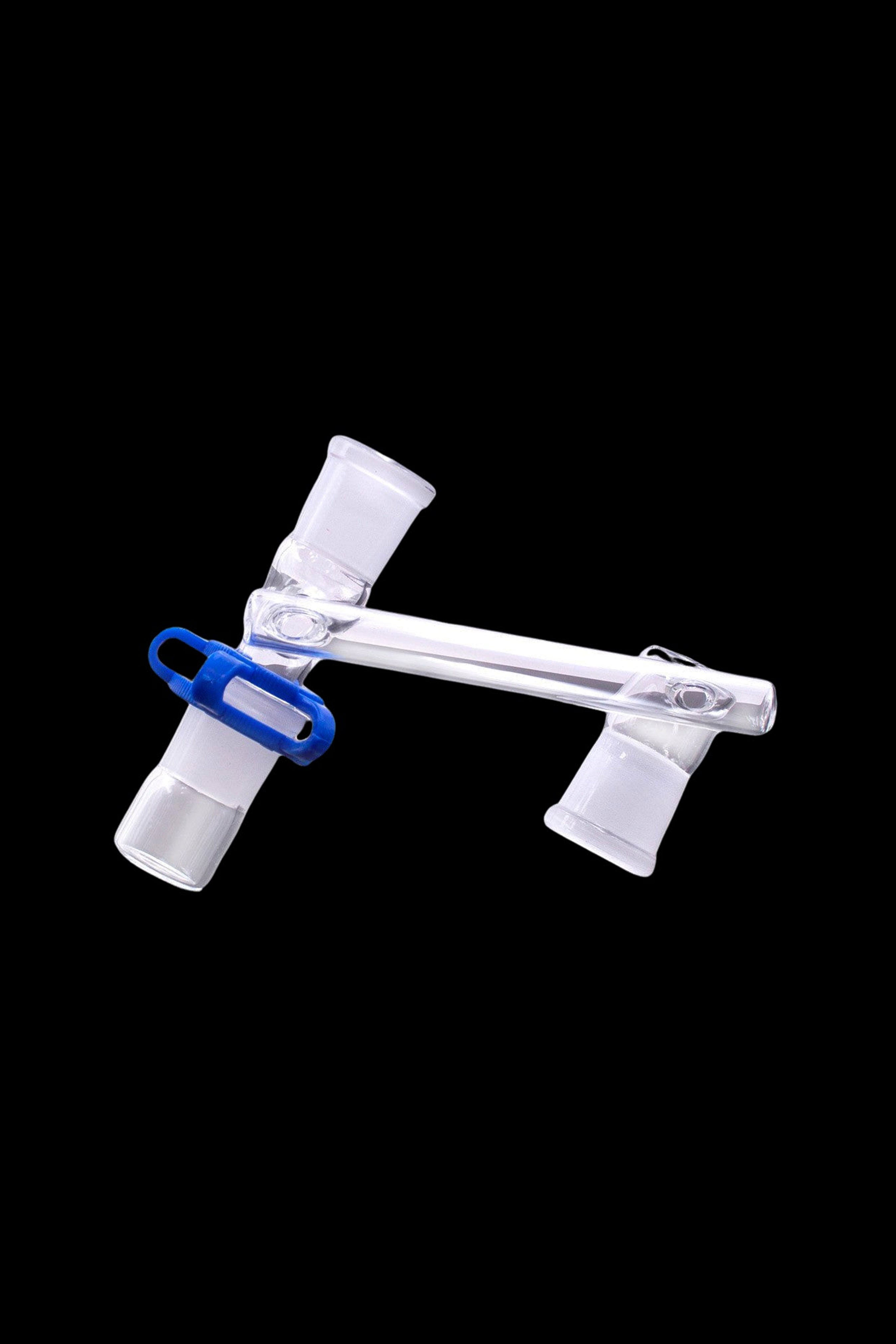 Clear glass cannabis adapter with blue accents, isolated on a black background.