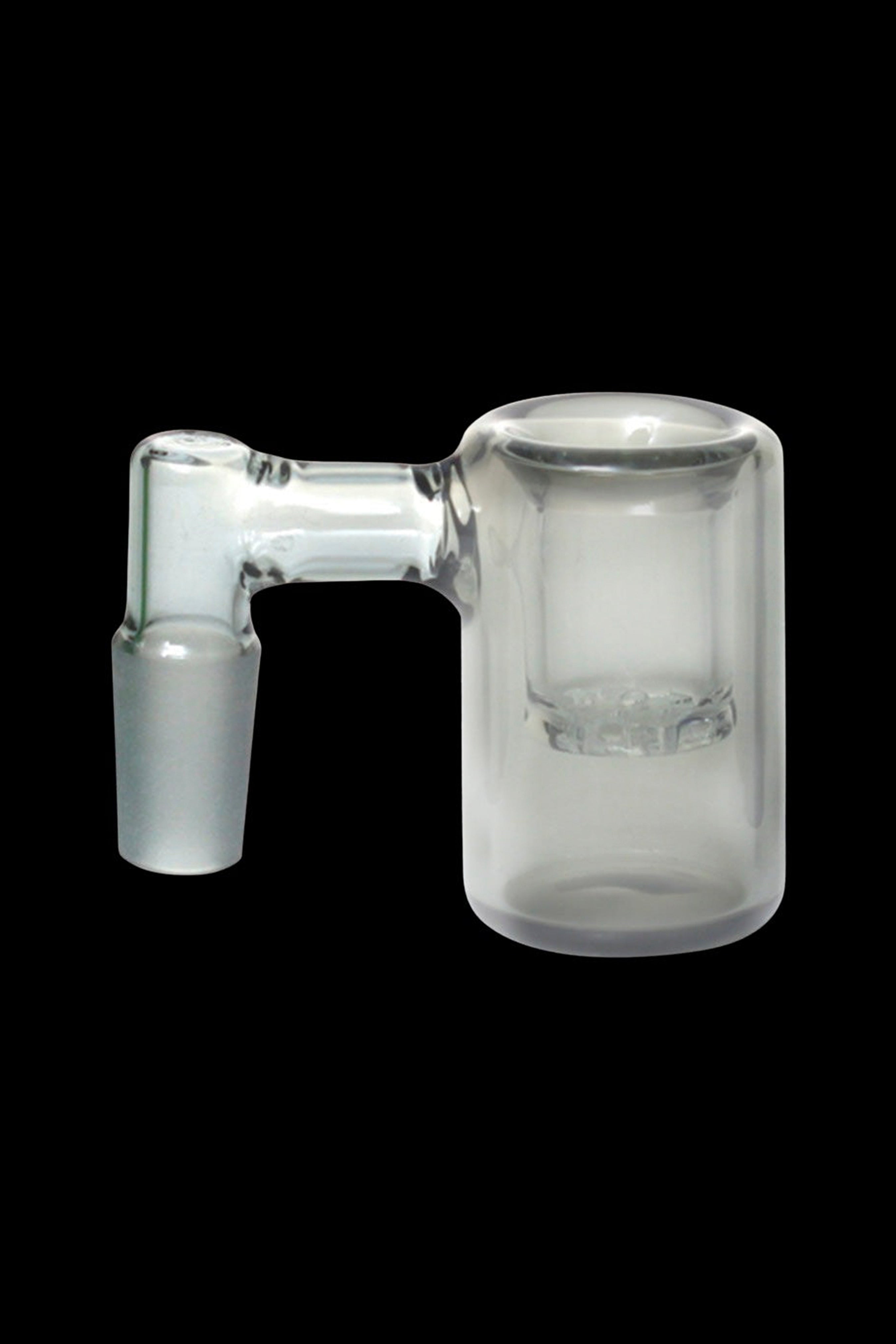 Clear glass bubbler with ice catch, isolated on black.