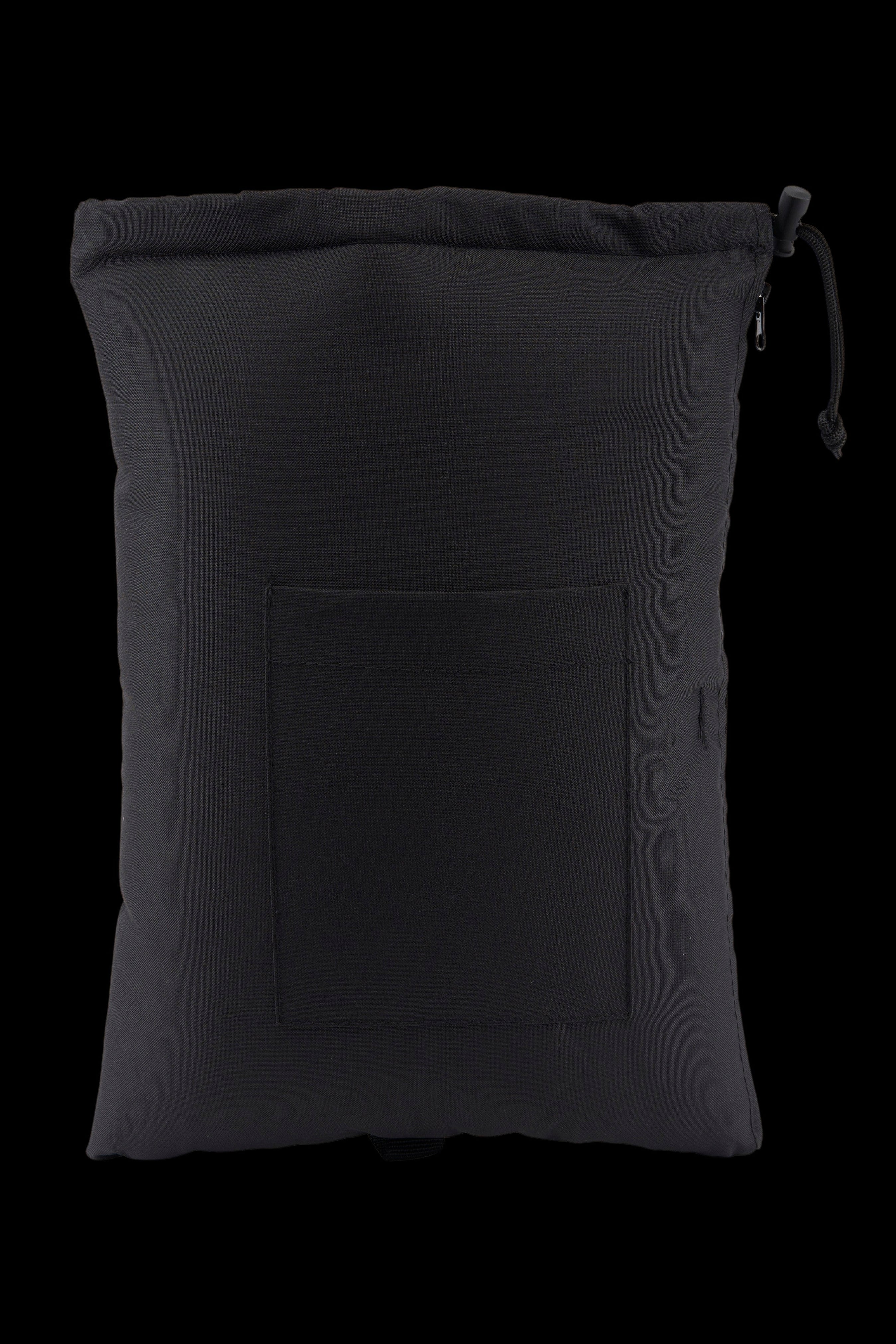 Black cannabis accessory pouch with drawstrings and front pocket.