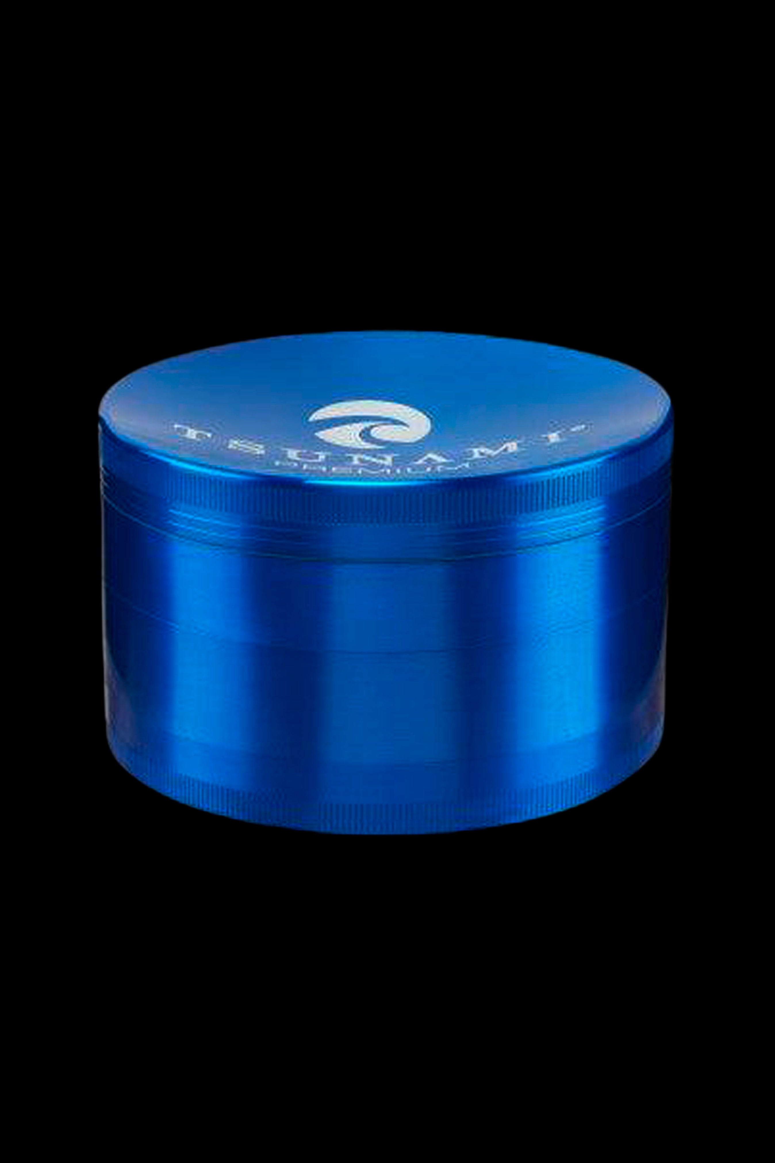 Blue metal cannabis grinder with branded logo.