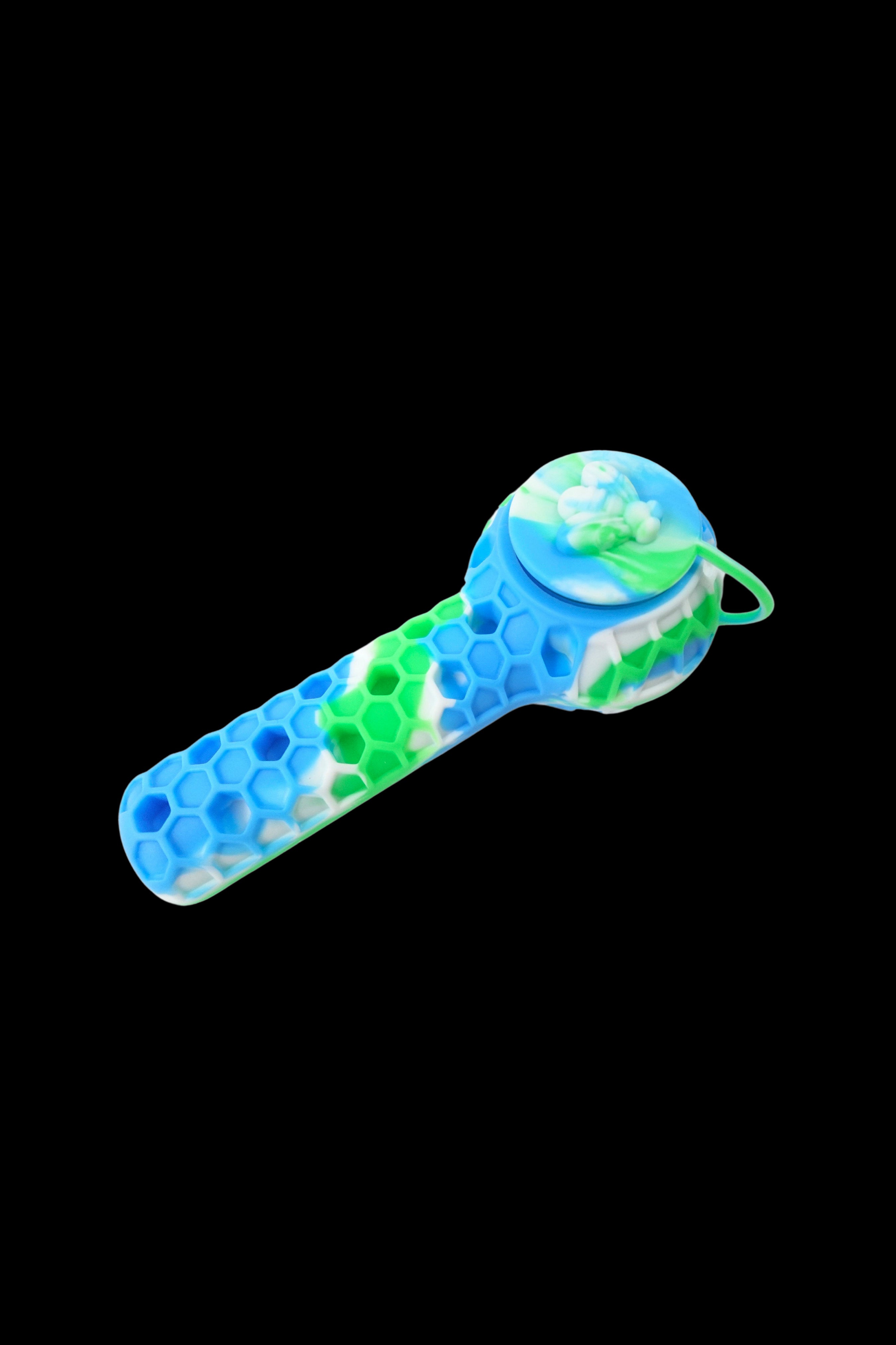 Blue and green silicone cannabis pipe with honeycomb texture.