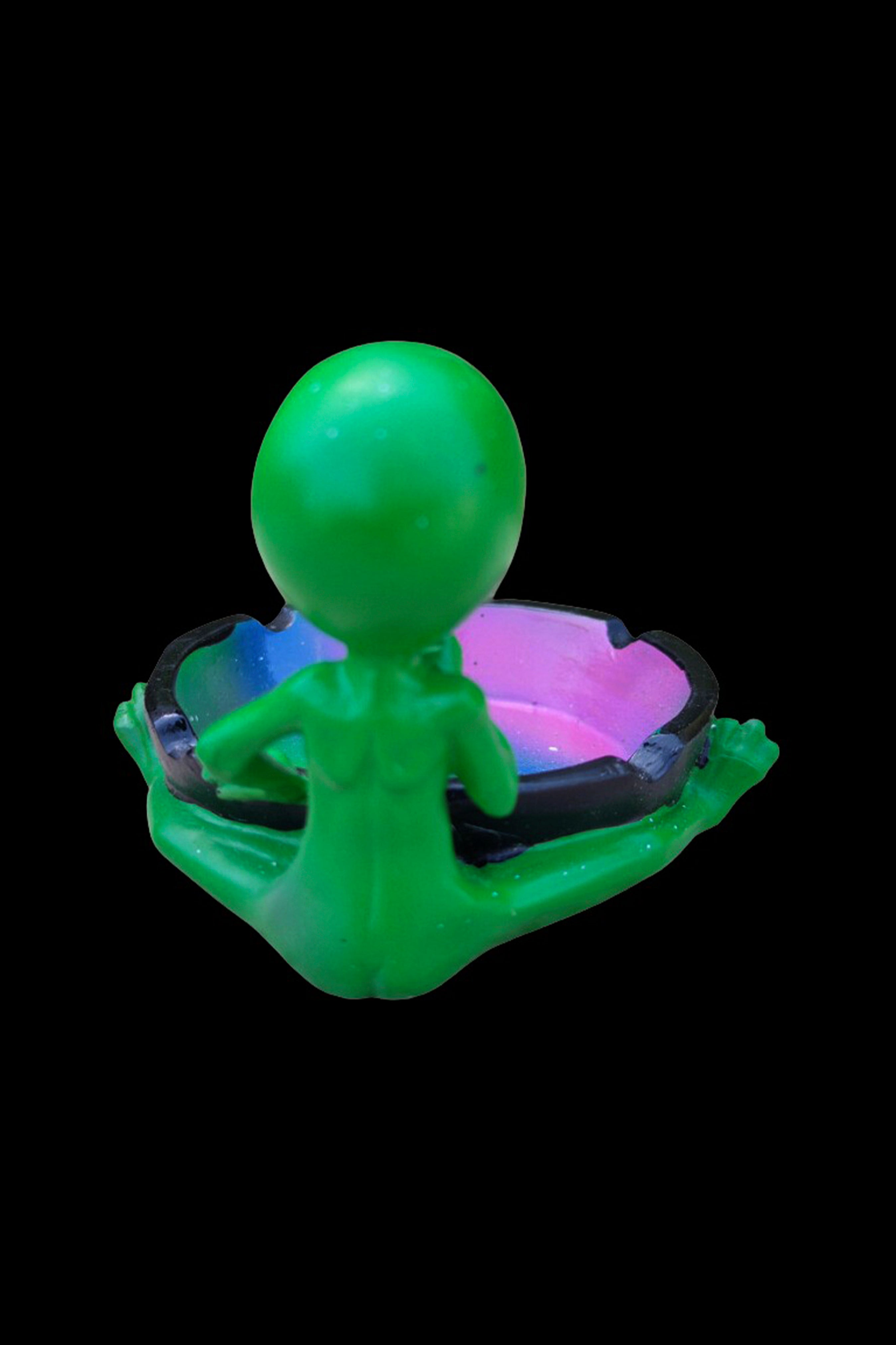 Green alien-shaped ashtray with a purple and black speckled dish.