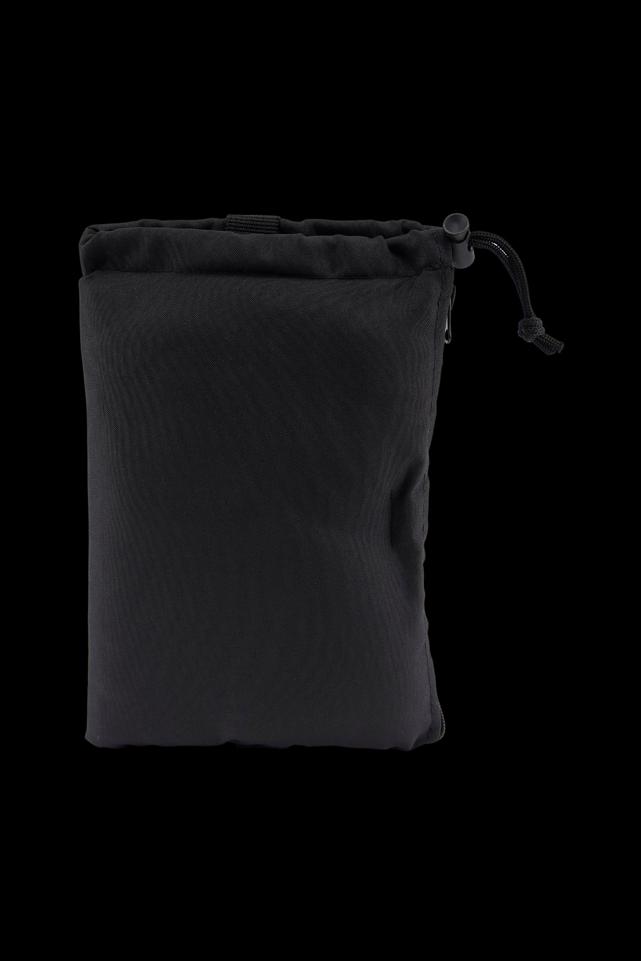 Black drawstring bag for cannabis accessories.