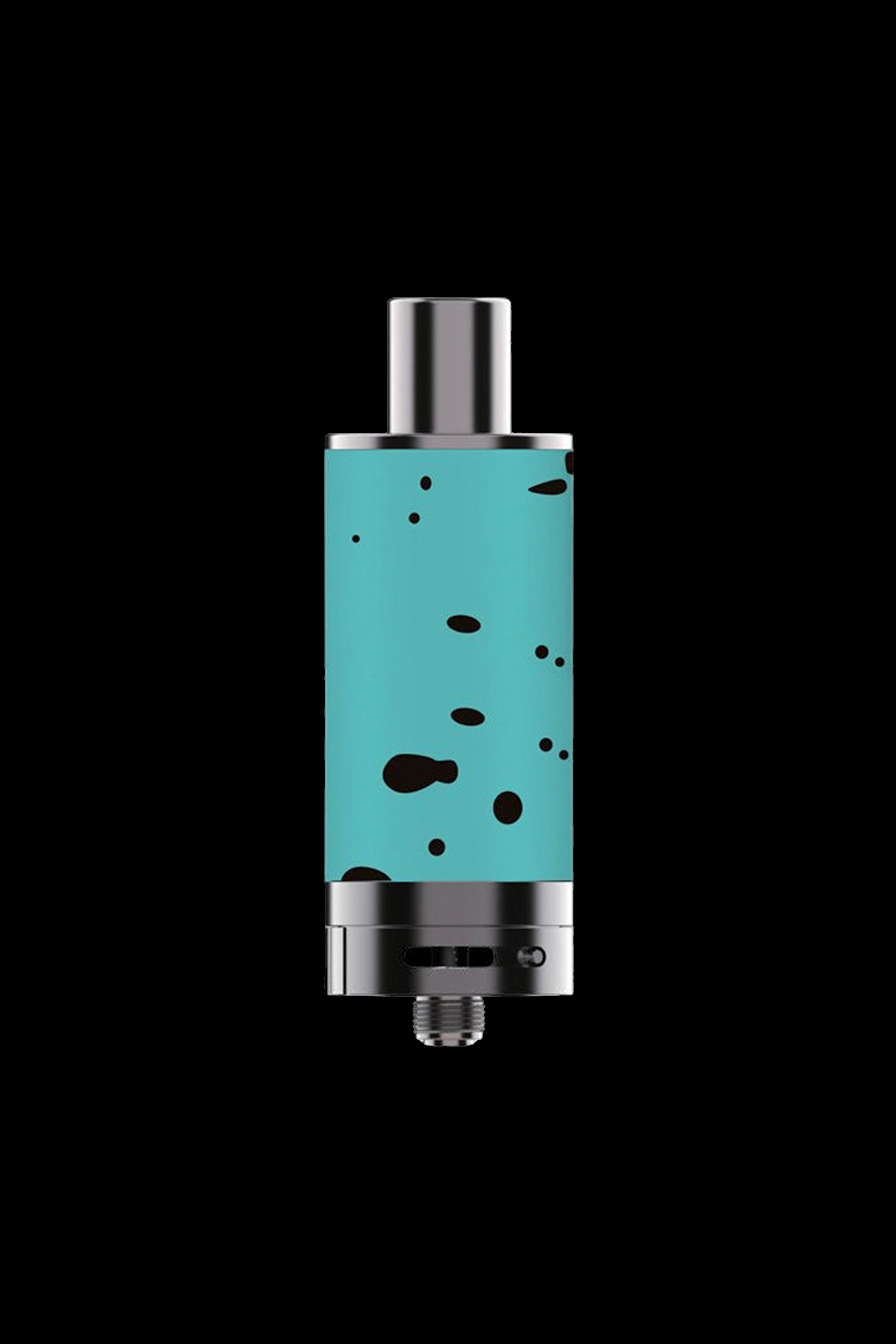 Turquoise cannabis oil vape pen with metallic accents, isolated on a black background.