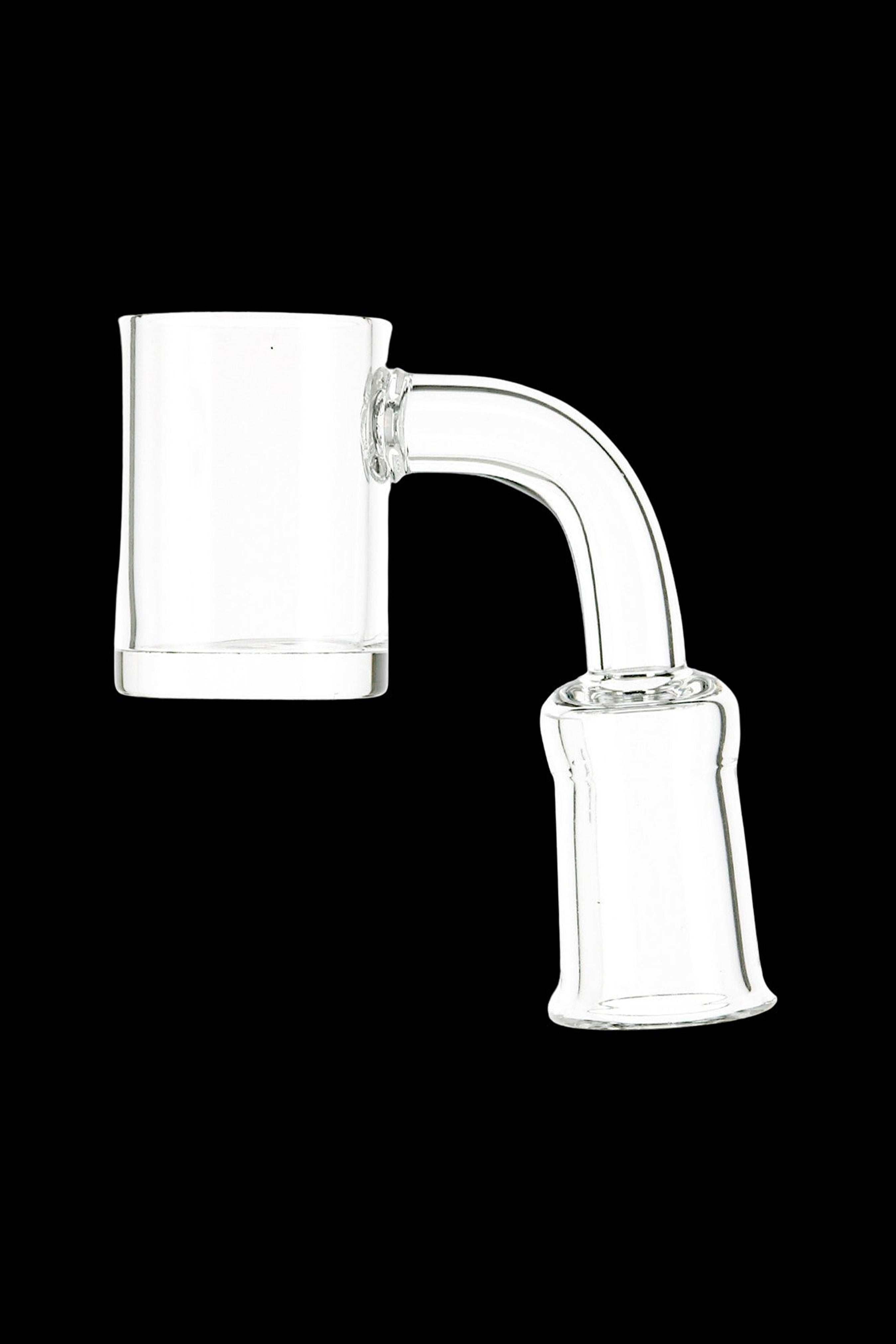 Clear glass dab rig nail with angled tip and flared base.