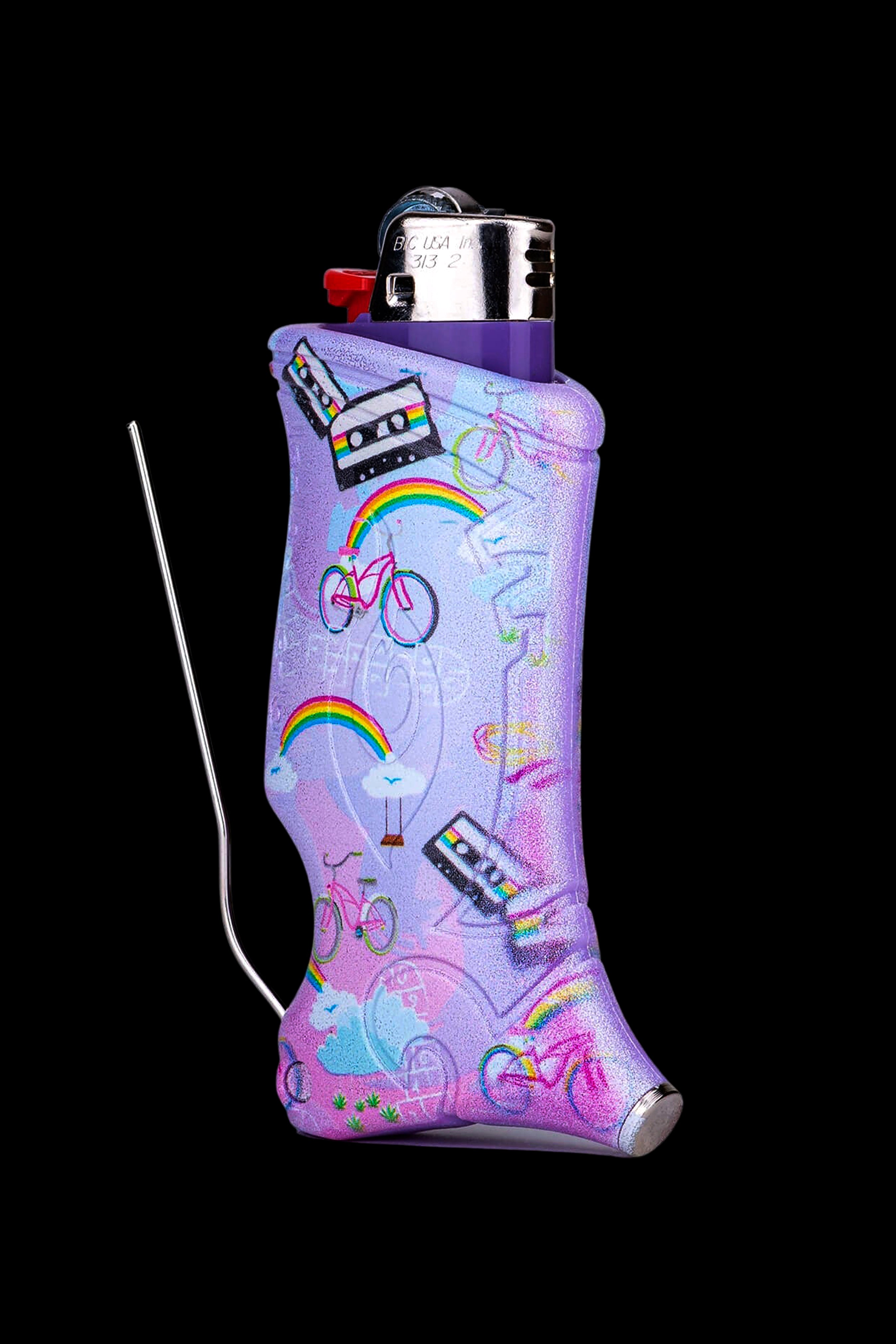Lavender lighter sleeve decorated with 80s and 90s nostalgia, including a boombox, bicycle, and roller skates, surrounding a silver Bic lighter.
