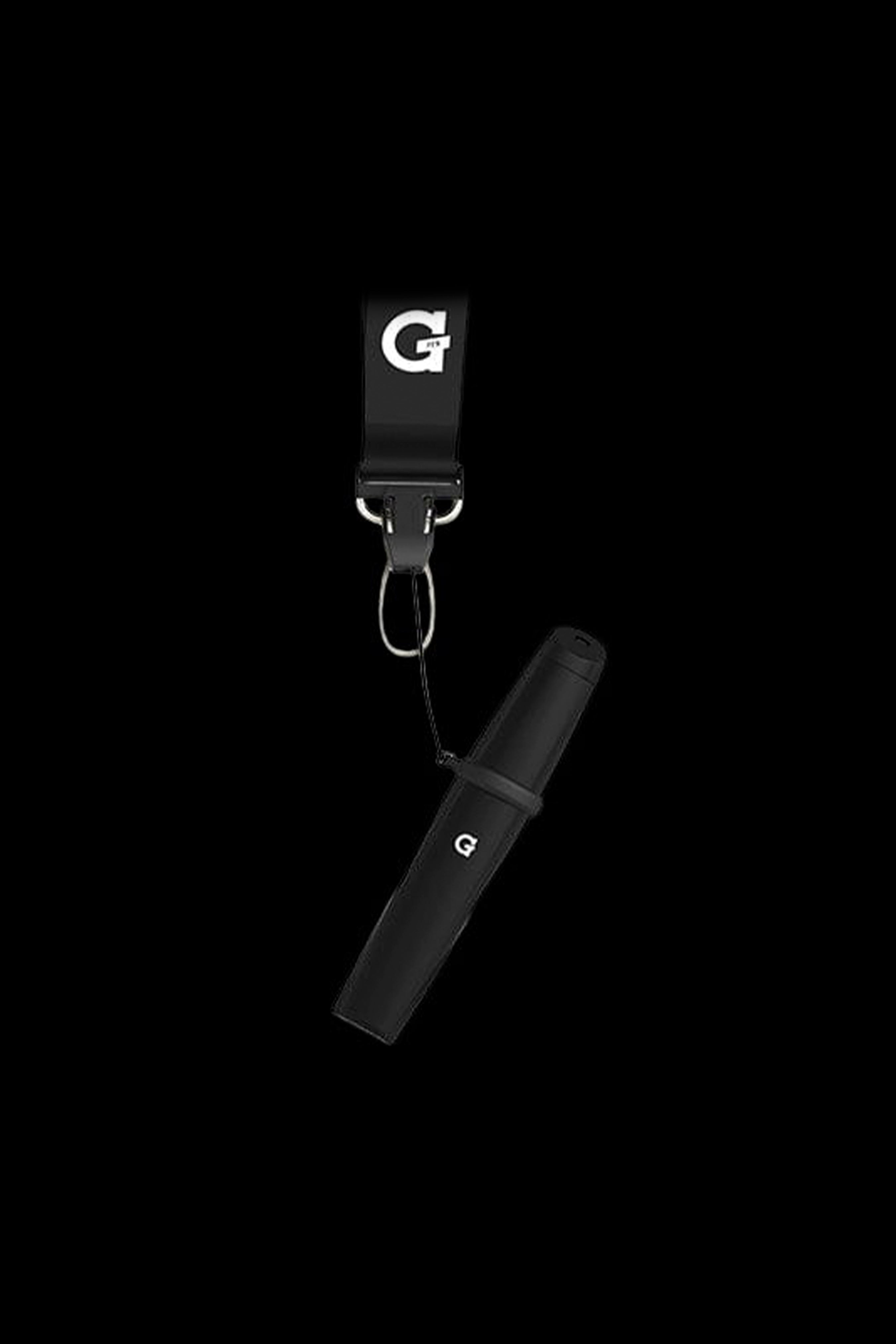 Black cannabis vape pen with lanyard featuring a white "G" logo, isolated on a black background.