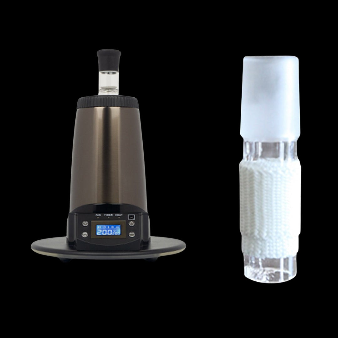 Portable vaporizer device and glass accessory for cannabis use on a black background.