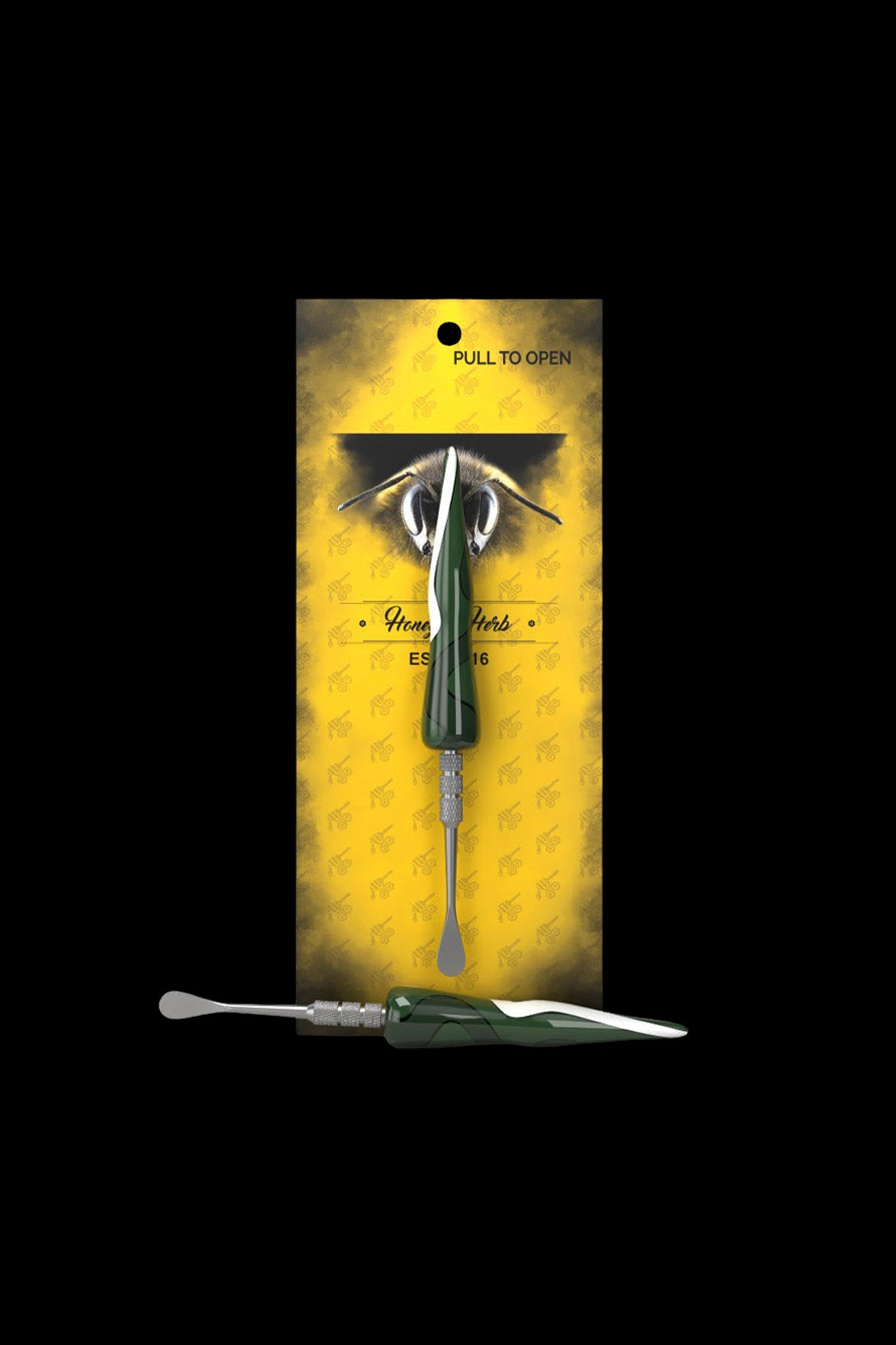 Cannabis dab tool on yellow packaging with bee illustration.