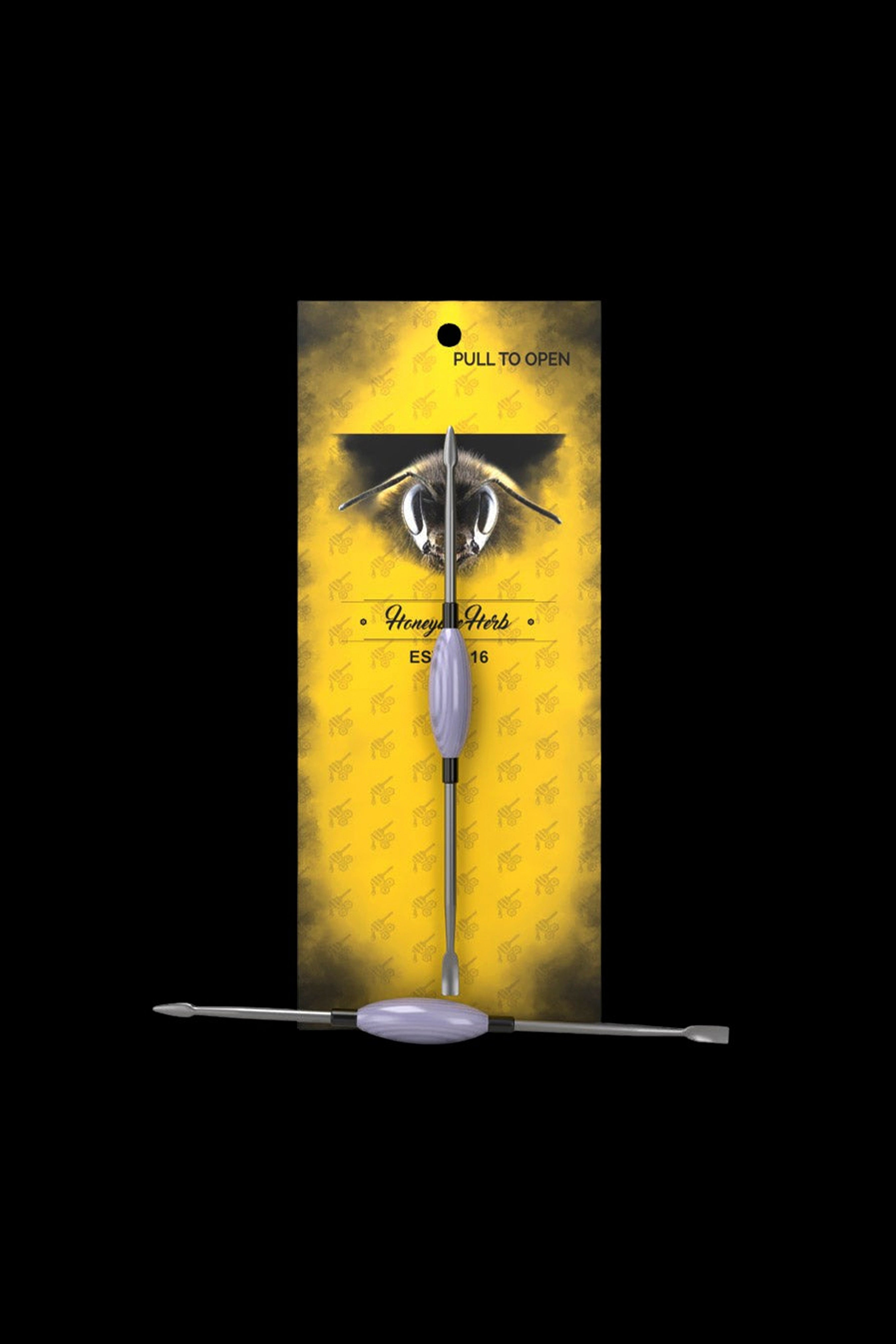 Yellow retail display case featuring a cannabis dab tool and bee-themed branding for “Honey Herbs.”