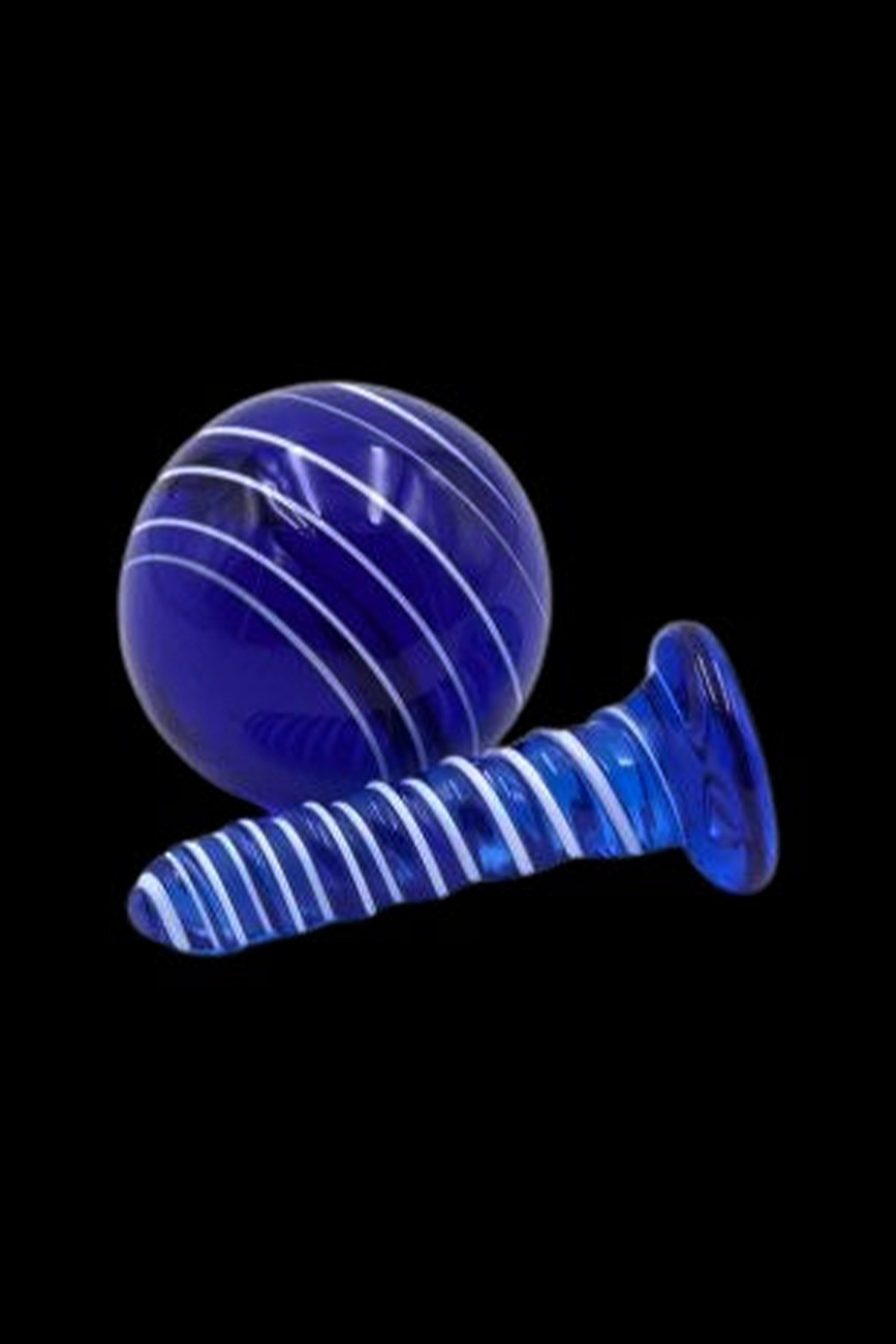 Blue glass cannabis bubbler and mouthpiece on black background.