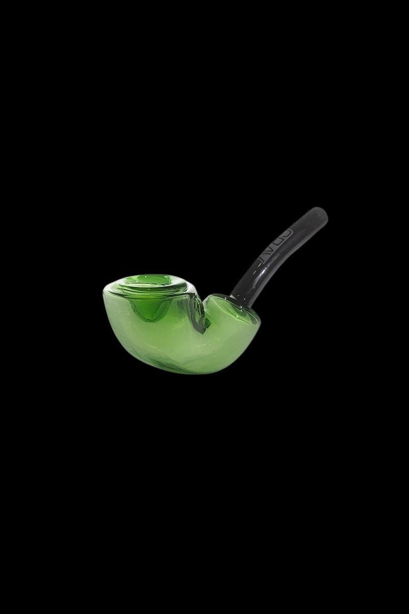 Green glass bubbler pipe isolated on a black background.