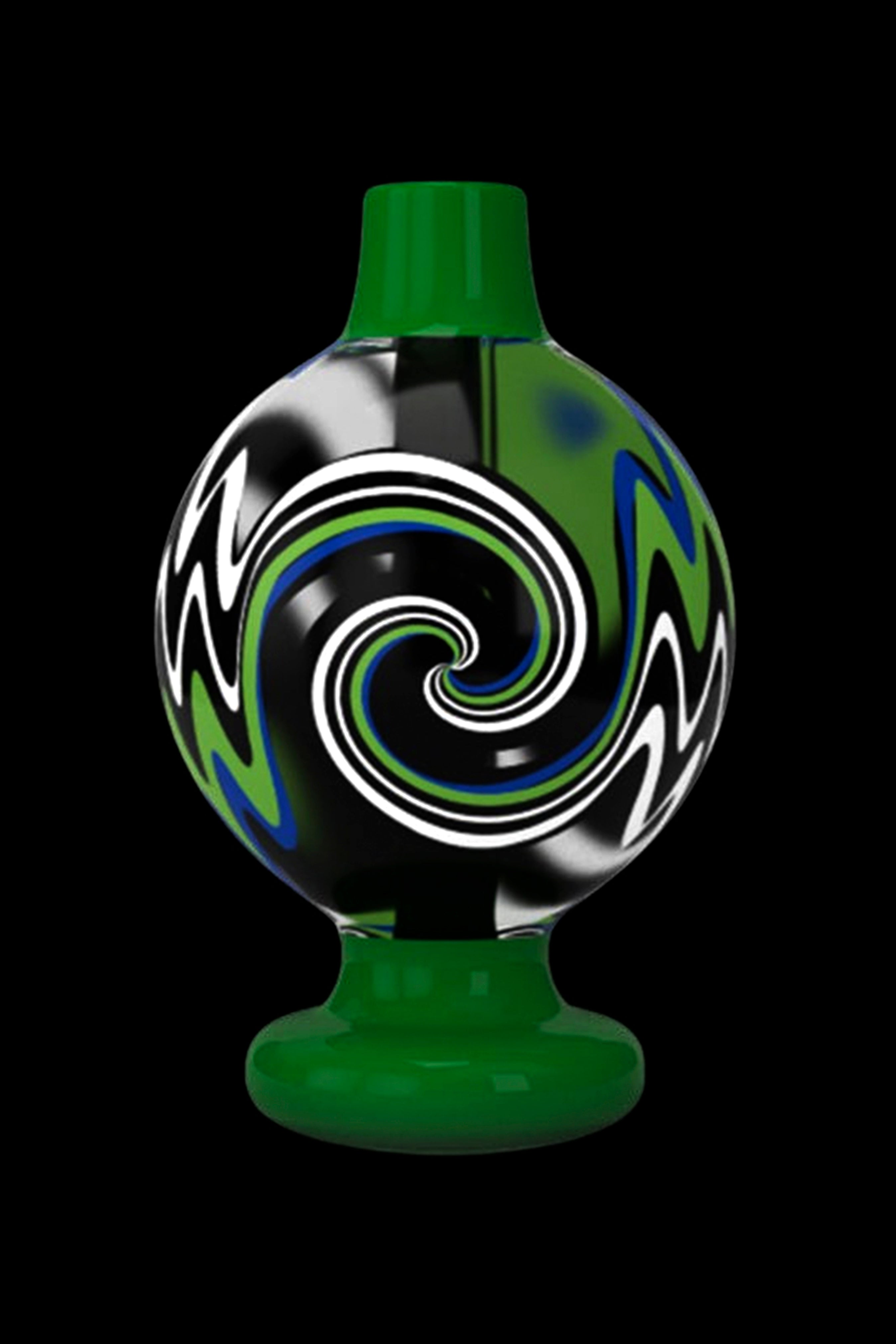 Green glass oil rig with swirling white, black, and green patterns.