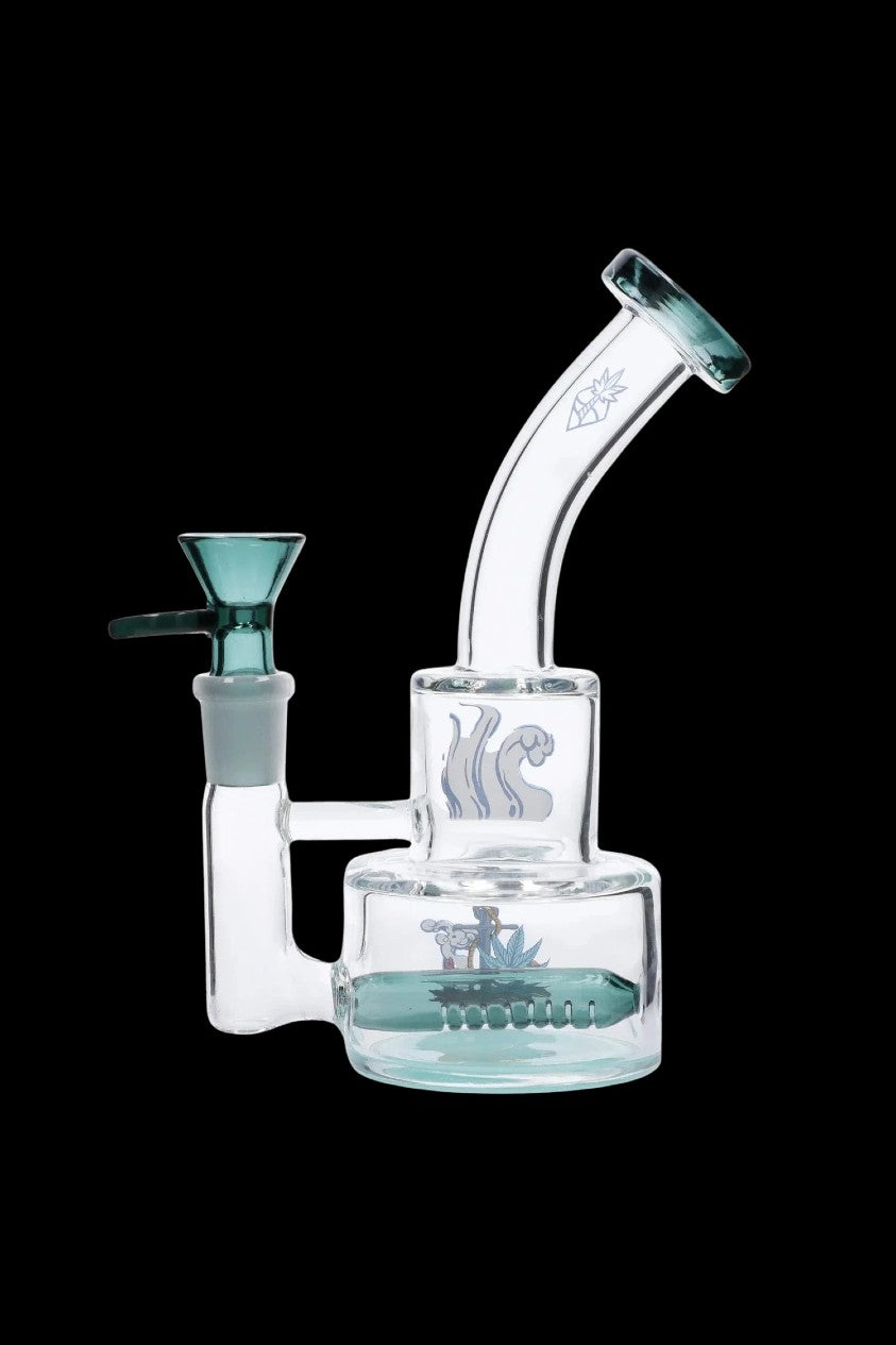 Front-facing Cabana Cannabis Co. Ahoy Dab Rig - Teal with a curved mouthpiece, teal accents, and illustrated koala and leaf graphics on a black background