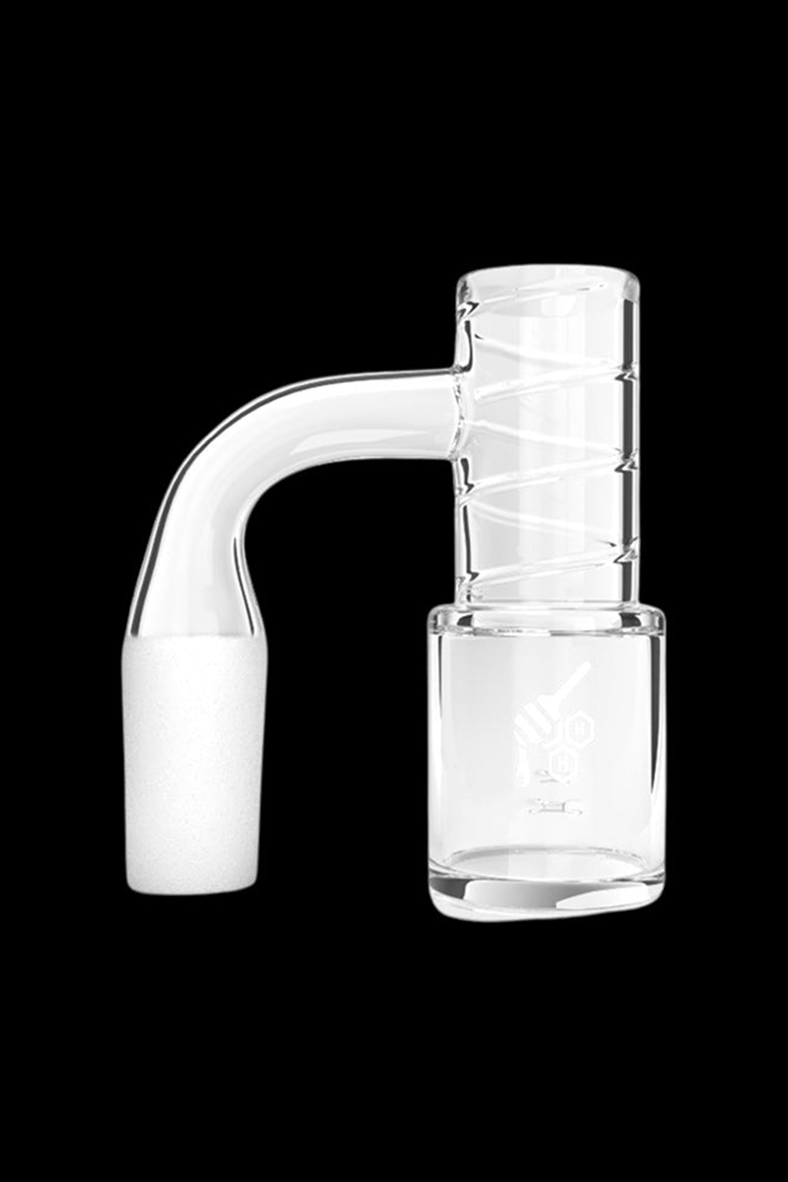 Clear glass dab rig attachment on a black background.