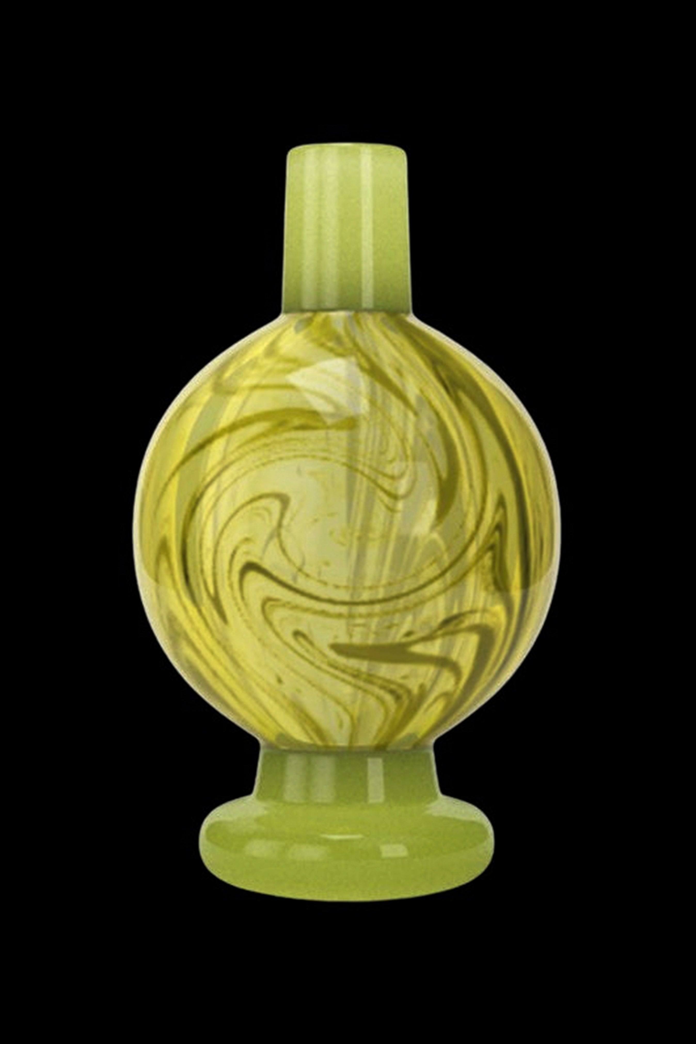 Green glass cannabis bubbler with swirling yellow patterns.