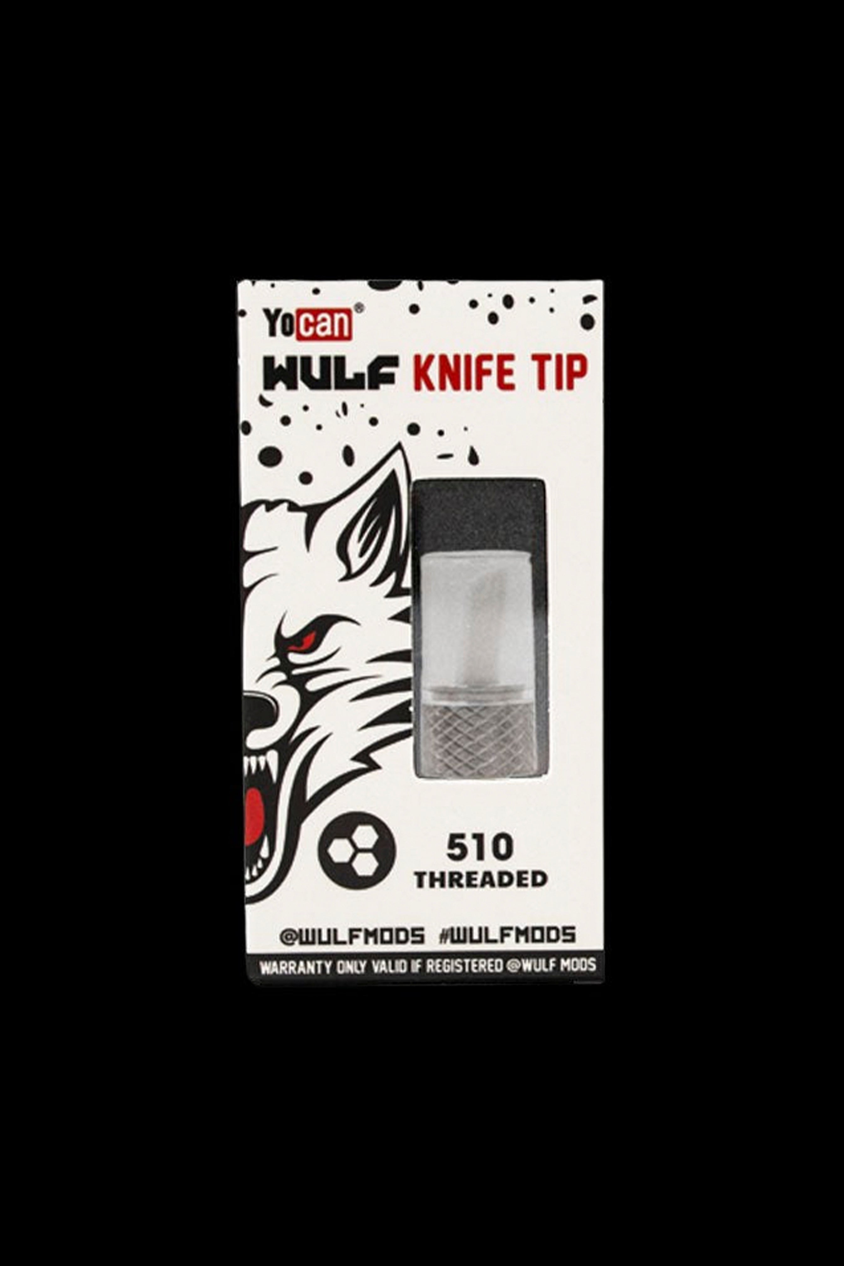 Packaging for a “Yocan Wulf Knife” cannabis oil vape cartridge, featuring a wolf graphic and “510 Threaded” labeling.