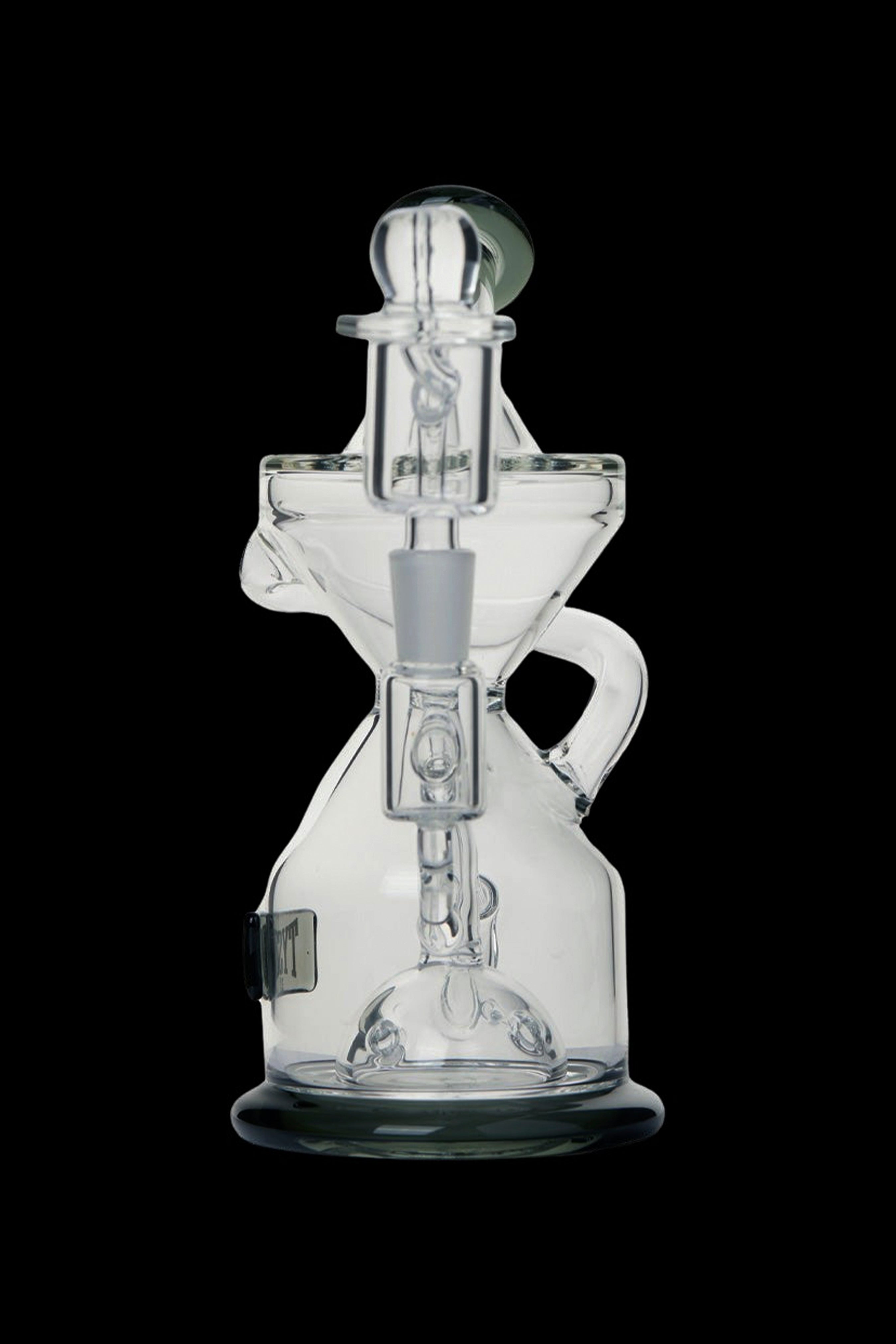 Clear glass water pipe (rig) with intricate bubbler design.
