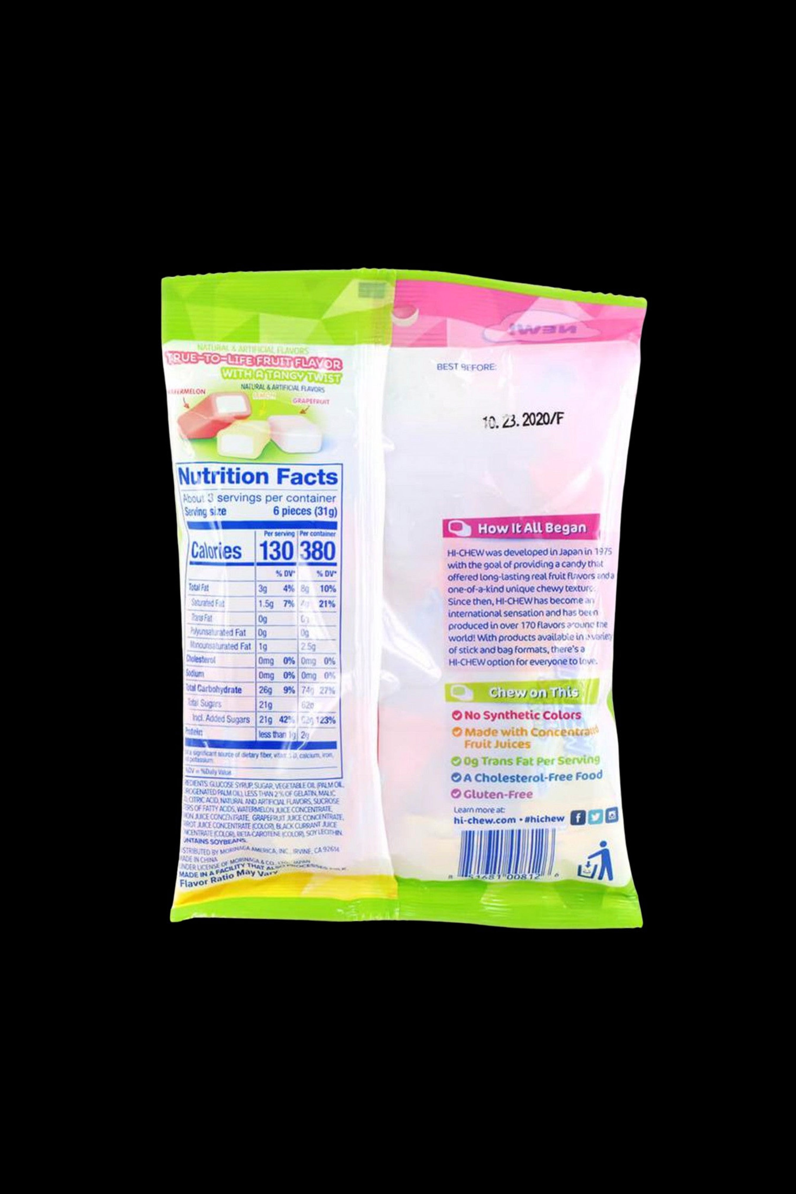 Close-up of the nutrition facts and product details on the back of a colorful, resealable bag of Hi-Chew candy, indicating it contains 6 pieces per serving and highlighting its gluten-free, cholesterol-free, and trans fat-free composition.