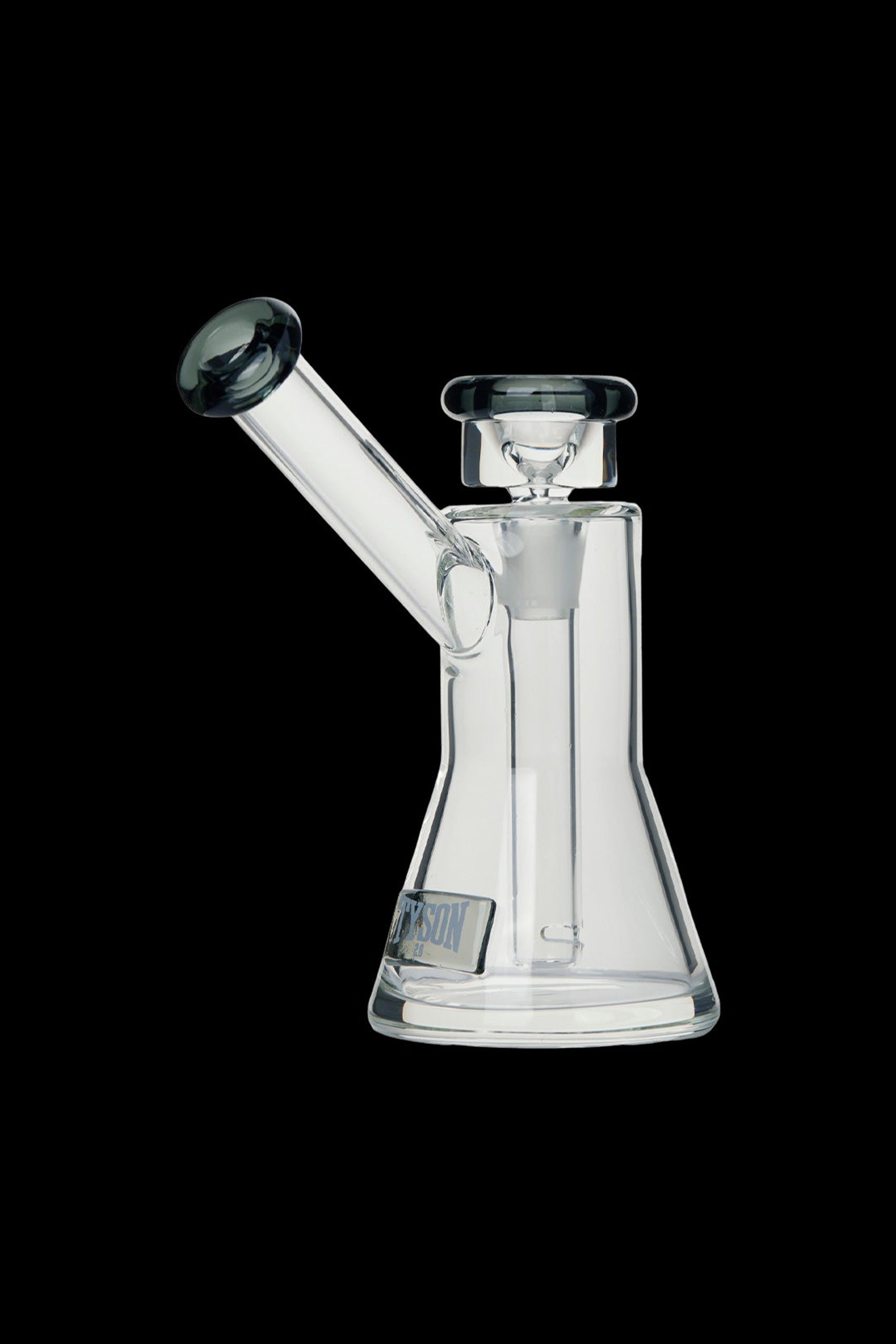 Clear glass water pipe (rig) with a flared base and angled mouthpiece.