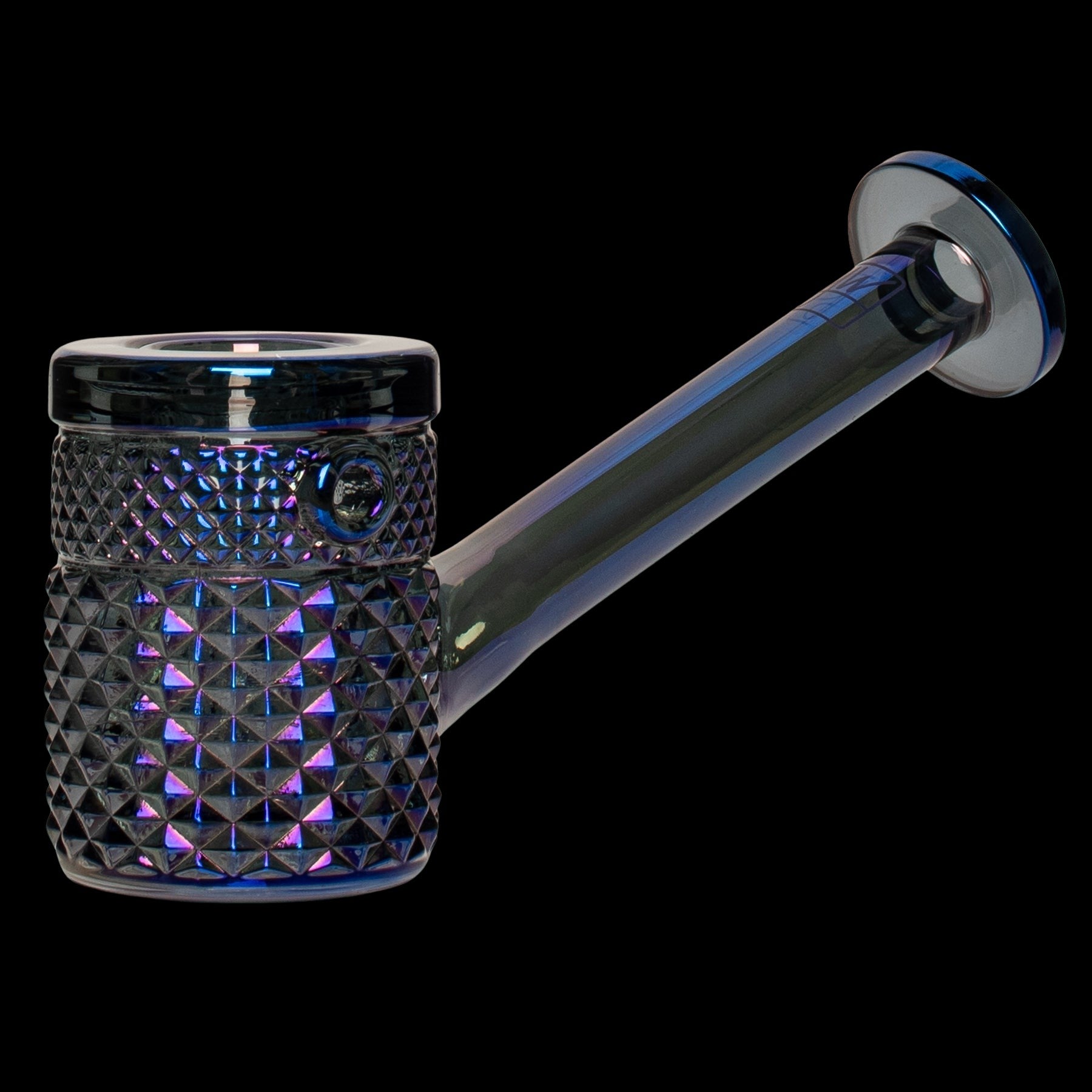 Iridescent glass bubbler with geometric texture.
