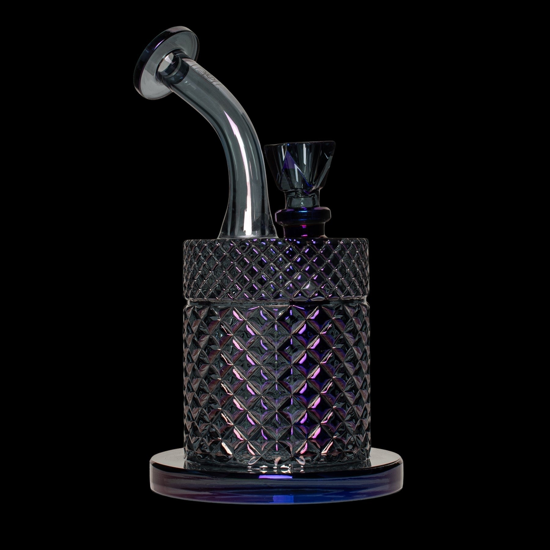 Iridescent black glass dab rig with curved neck and circular base, isolated on a black background.