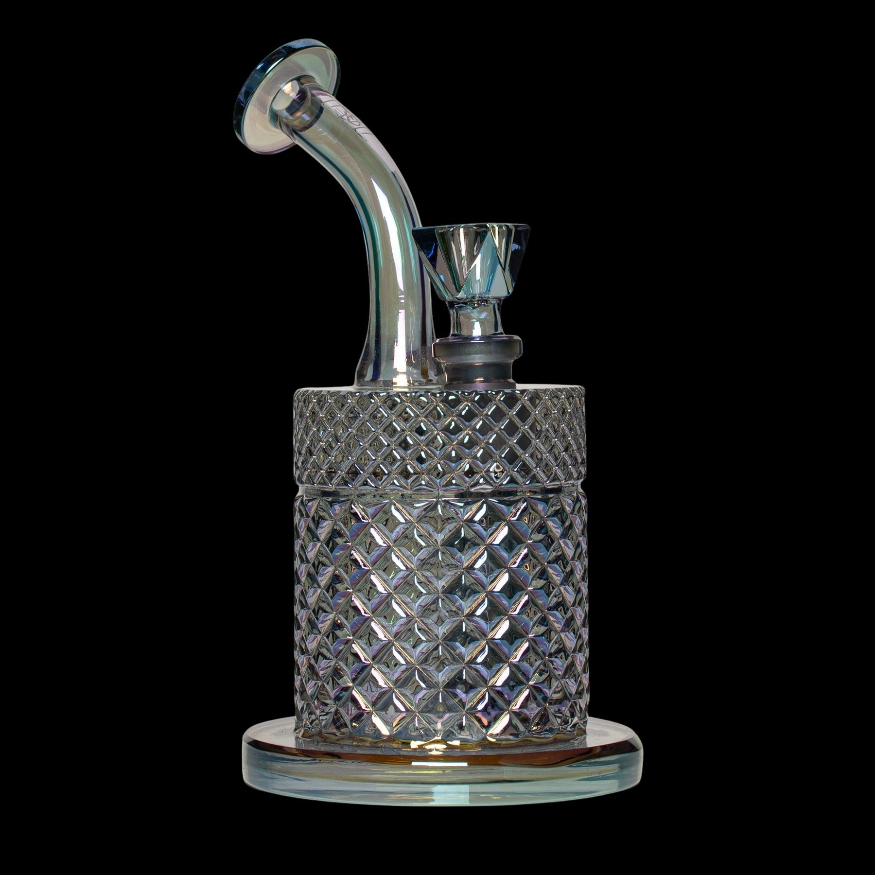 Iridescent glass dab rig with a honeycomb patterned body and curved neck.