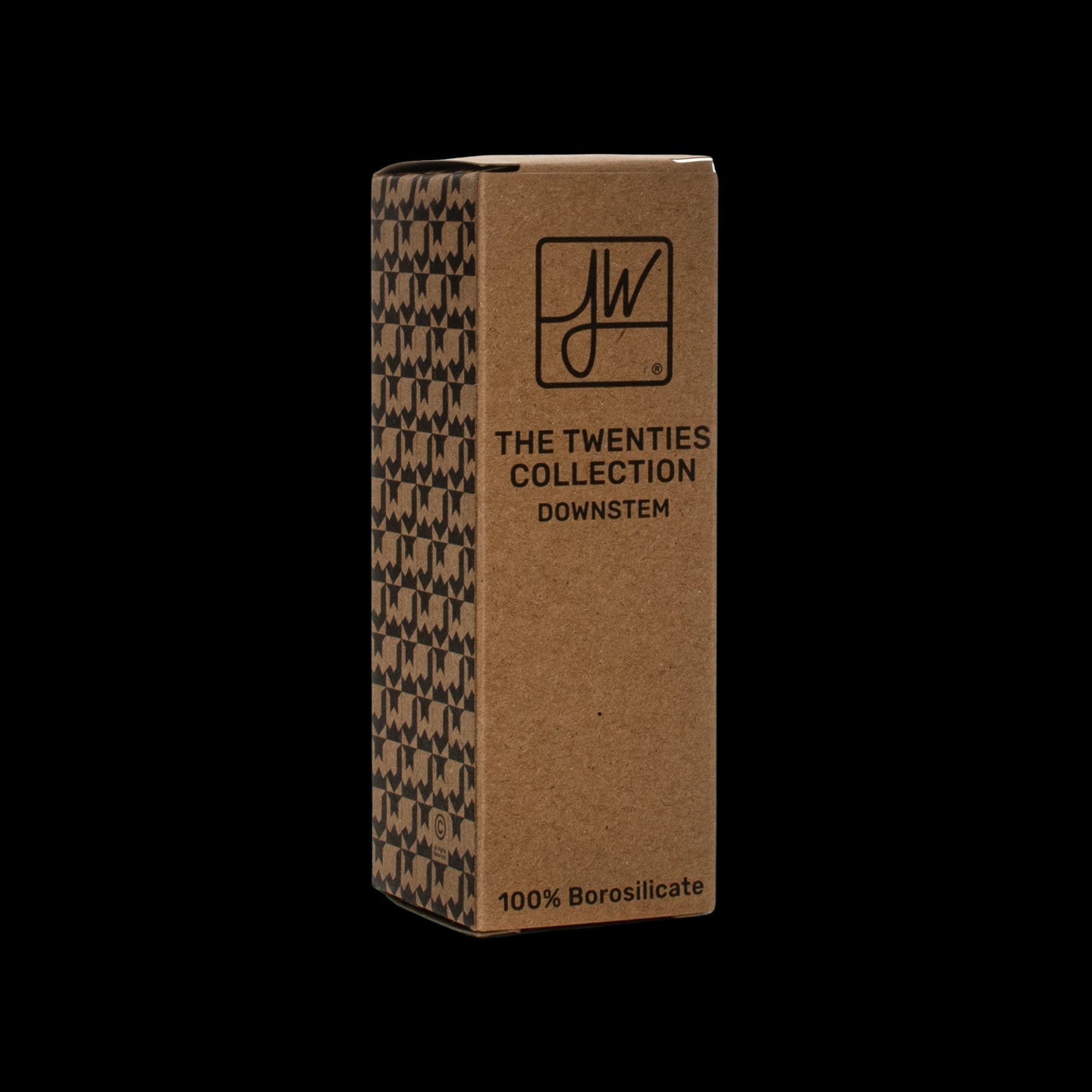 Brown cardboard box for “The Twenties Collection” downstem, labeled “100% Borosilicate.”