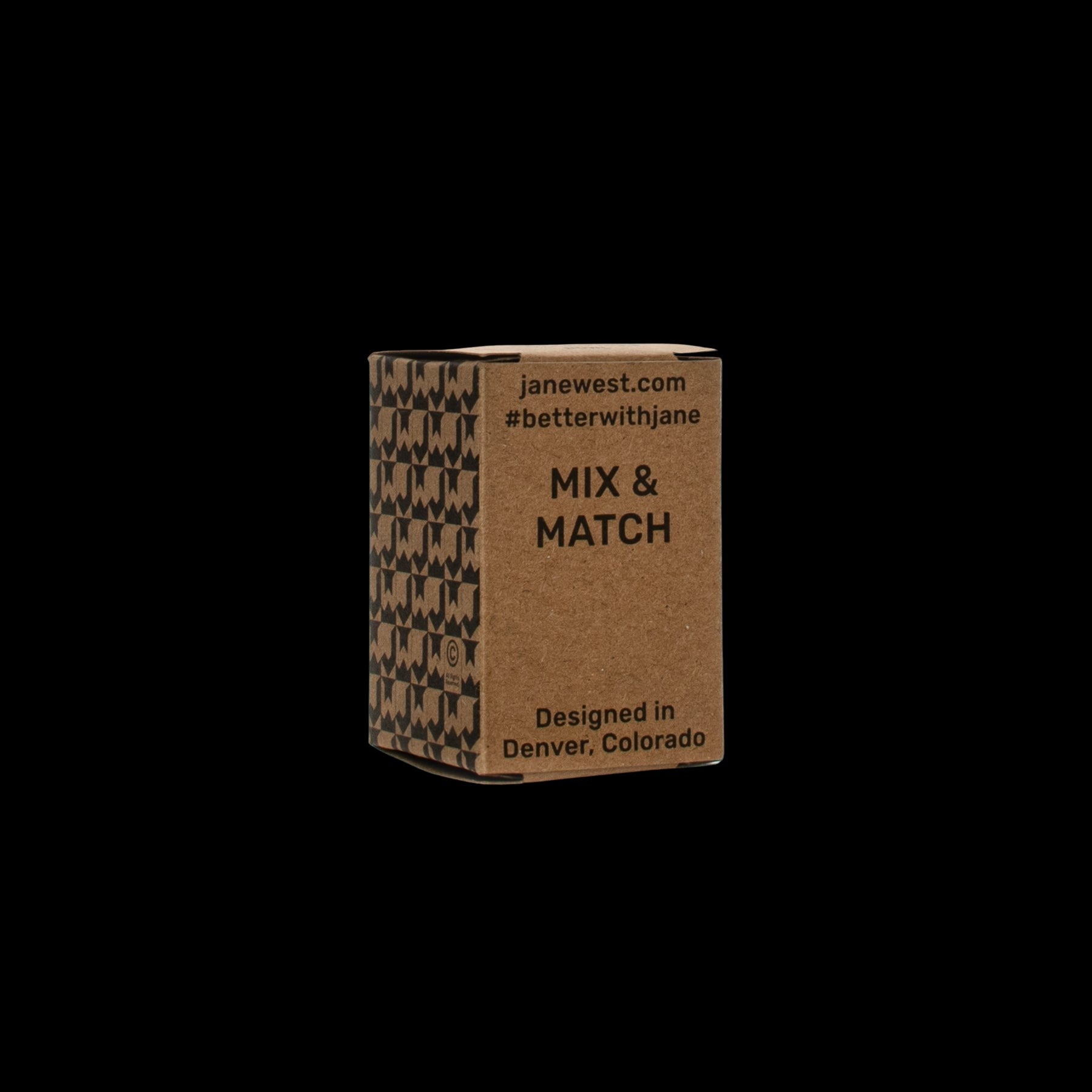 Product packaging for Jane West's "Mix & Match" cannabis accessories, featuring a geometric pattern and branding details like "janewest.com" and "Designed in Denver, Colorado."